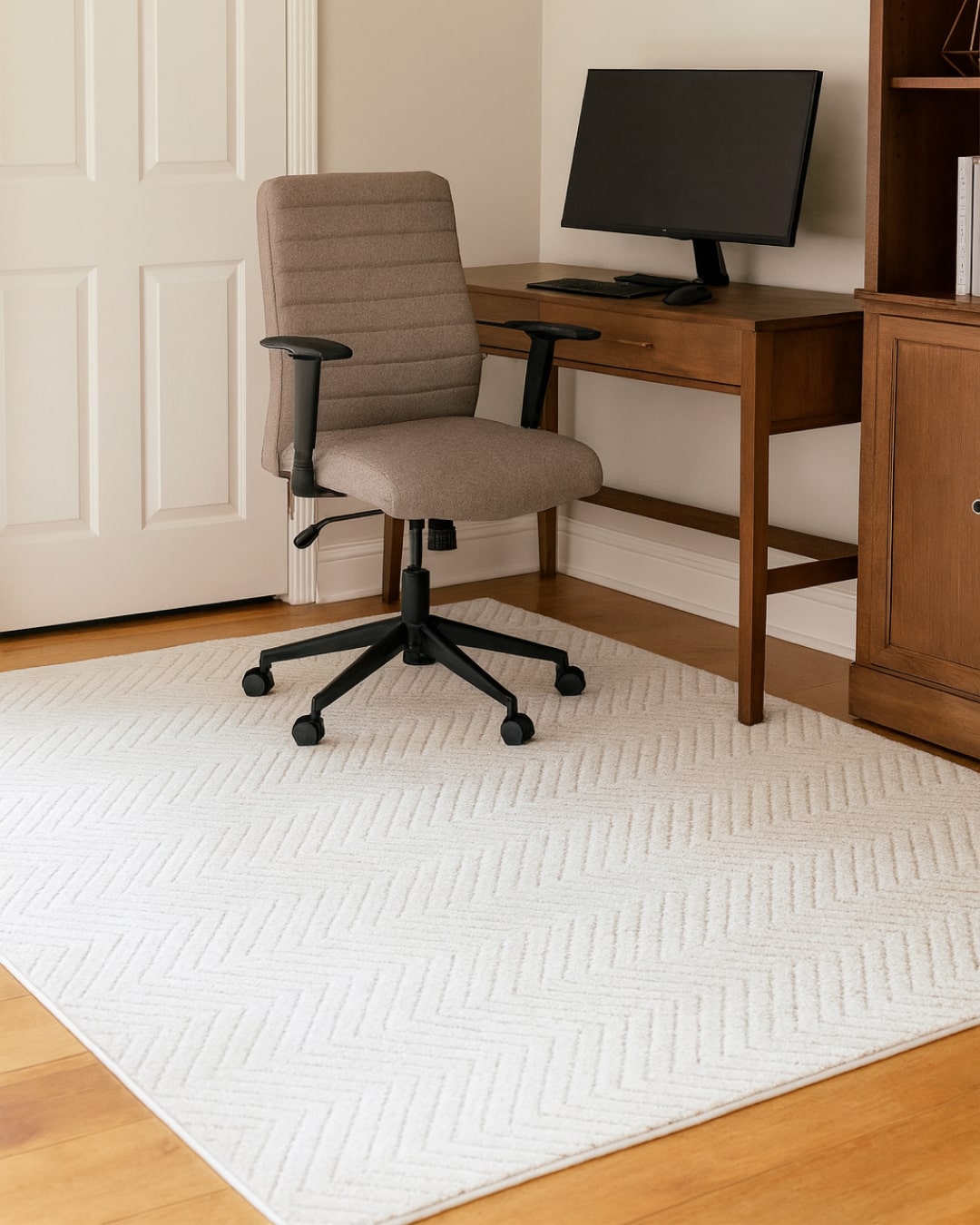 Home office setup with a desk, chair, and computer monitor on an ivory rug.