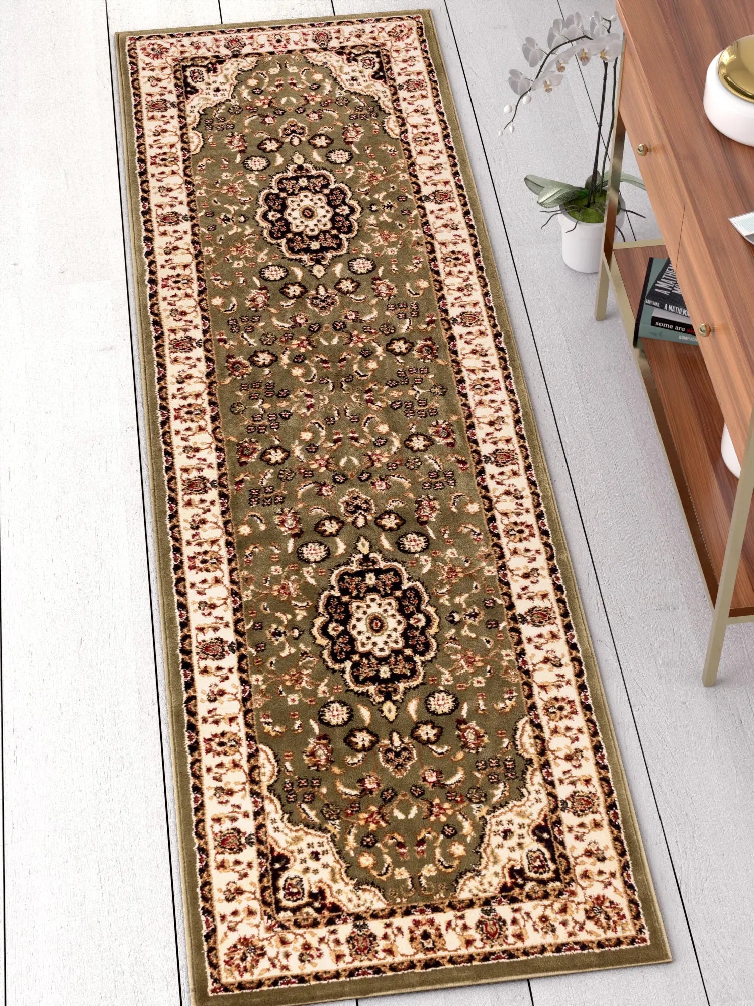 Medallion Kashan Green Traditional Rug Well Woven