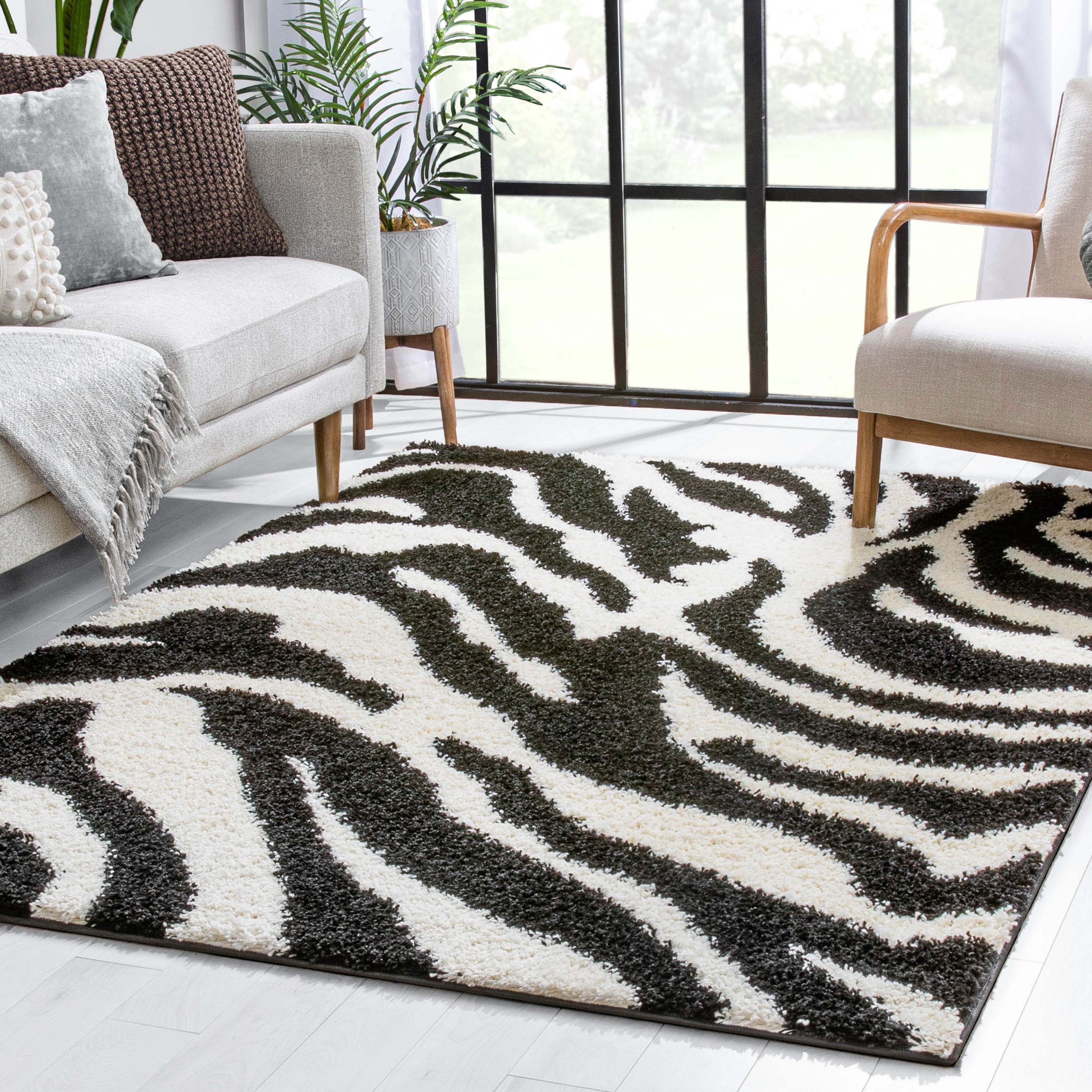 Safari Zebra Black Contemporary Shag Rug