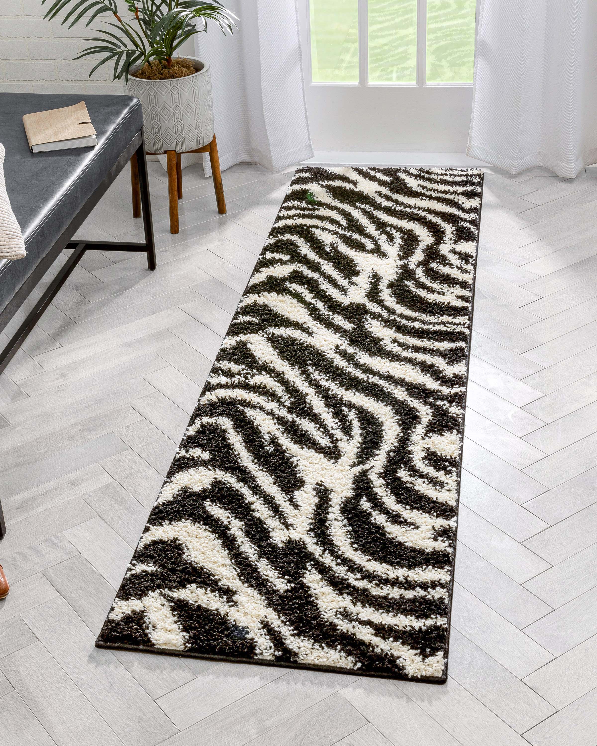 Safari Zebra Black Contemporary Shag Rug