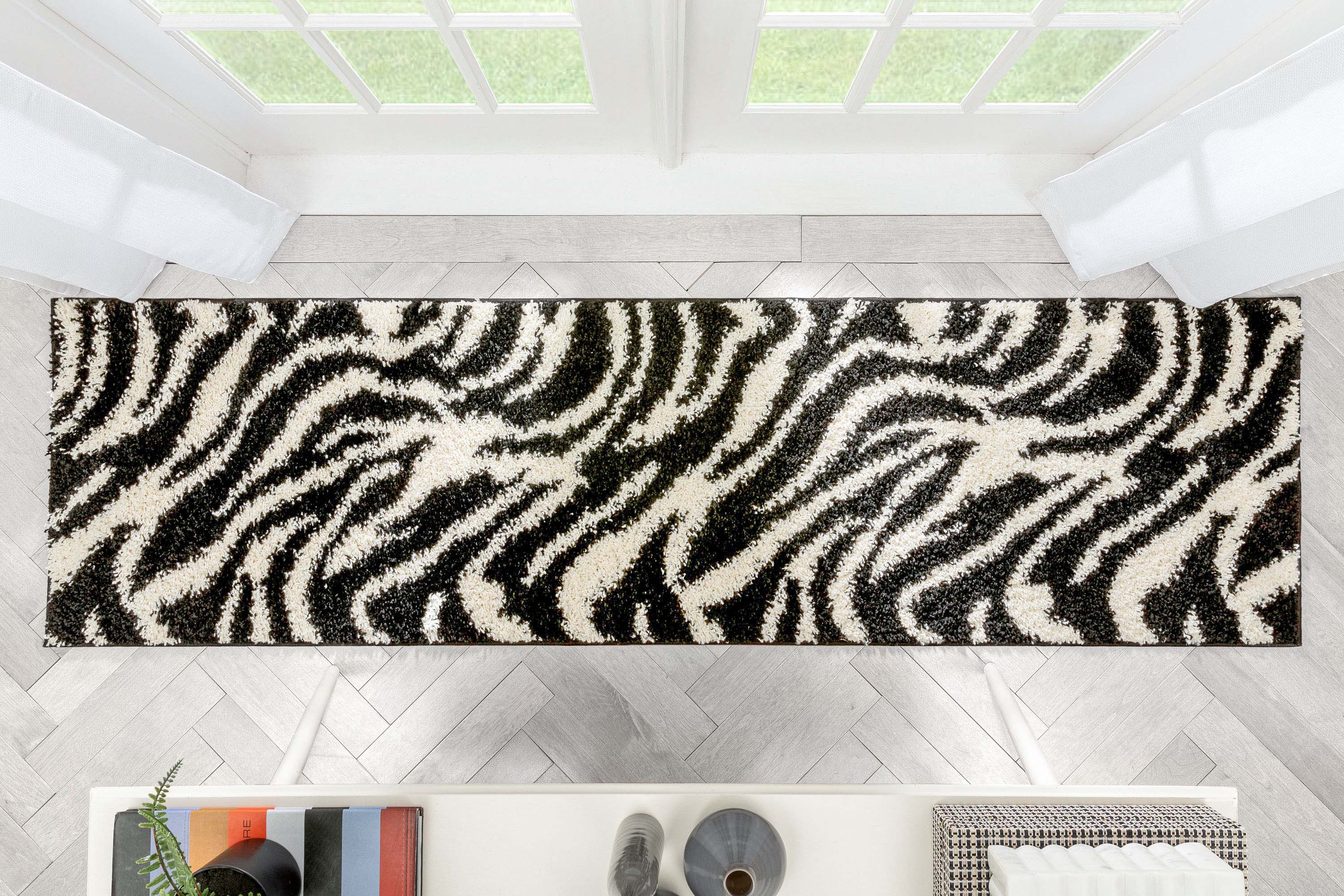 Safari Zebra Black Contemporary Shag Rug