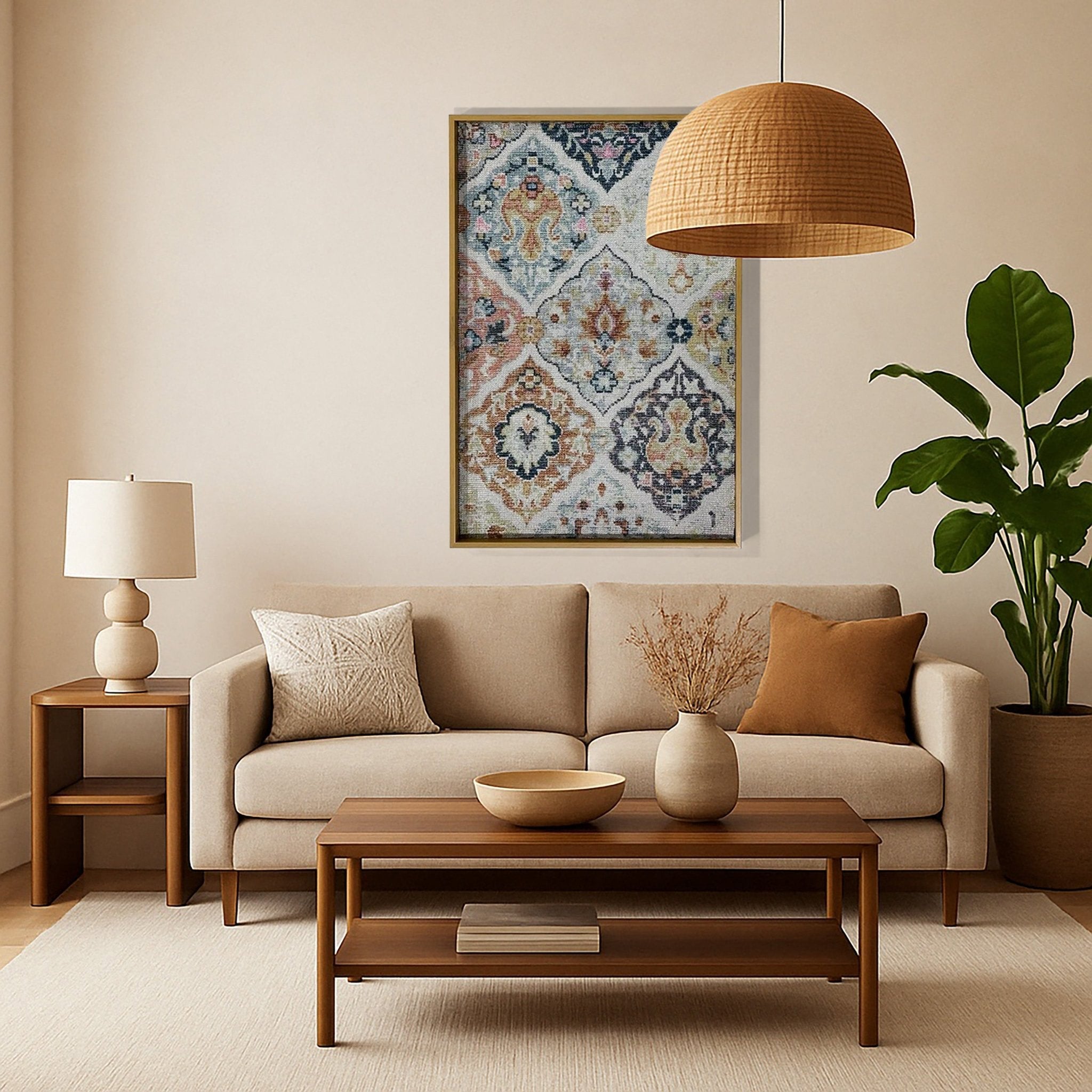 WellArt Maeve sustainable framed textile wall art displayed in a cozy living room above a sofa.