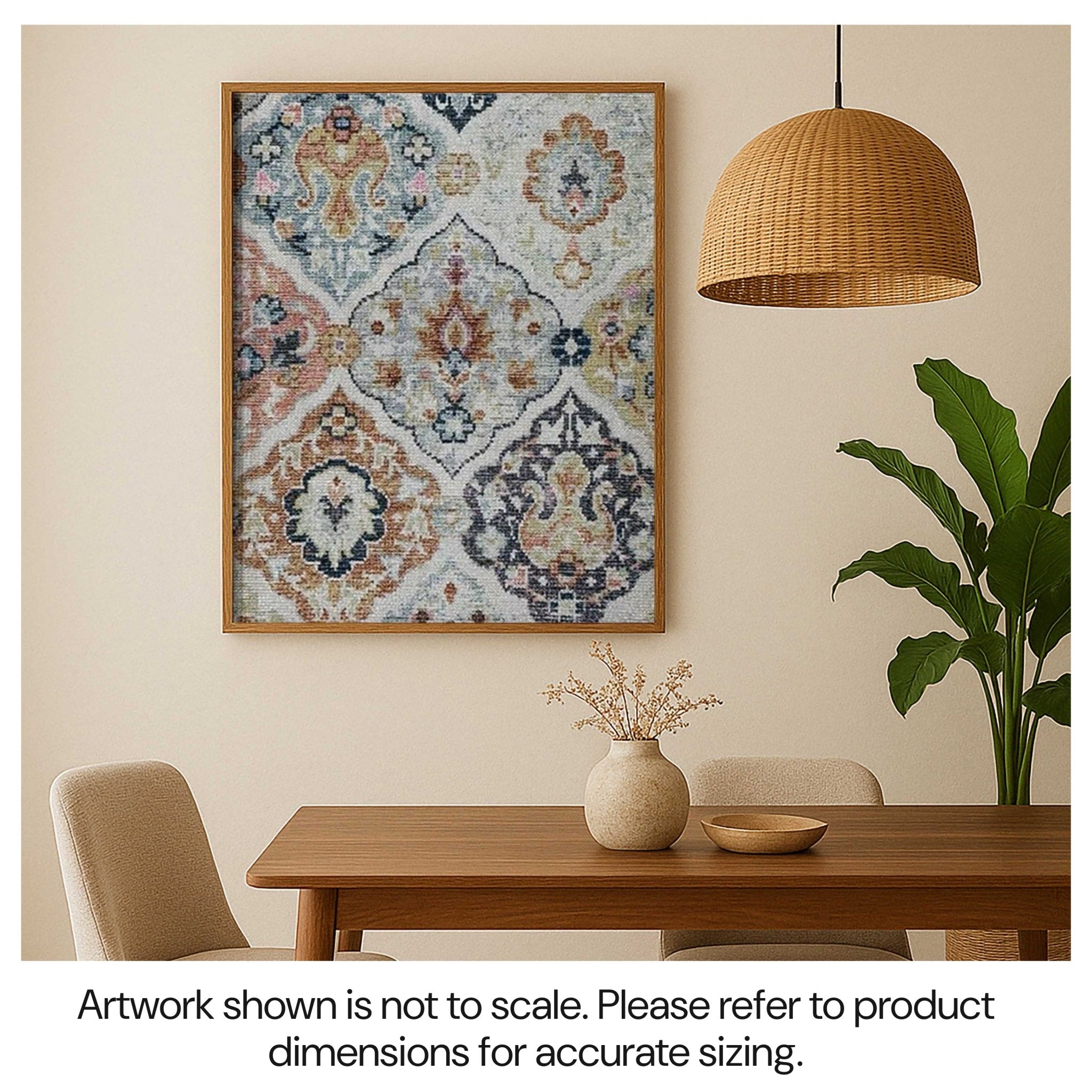WellArt Maeve sustainable framed textile art hanging on the wall in a modern dining room.