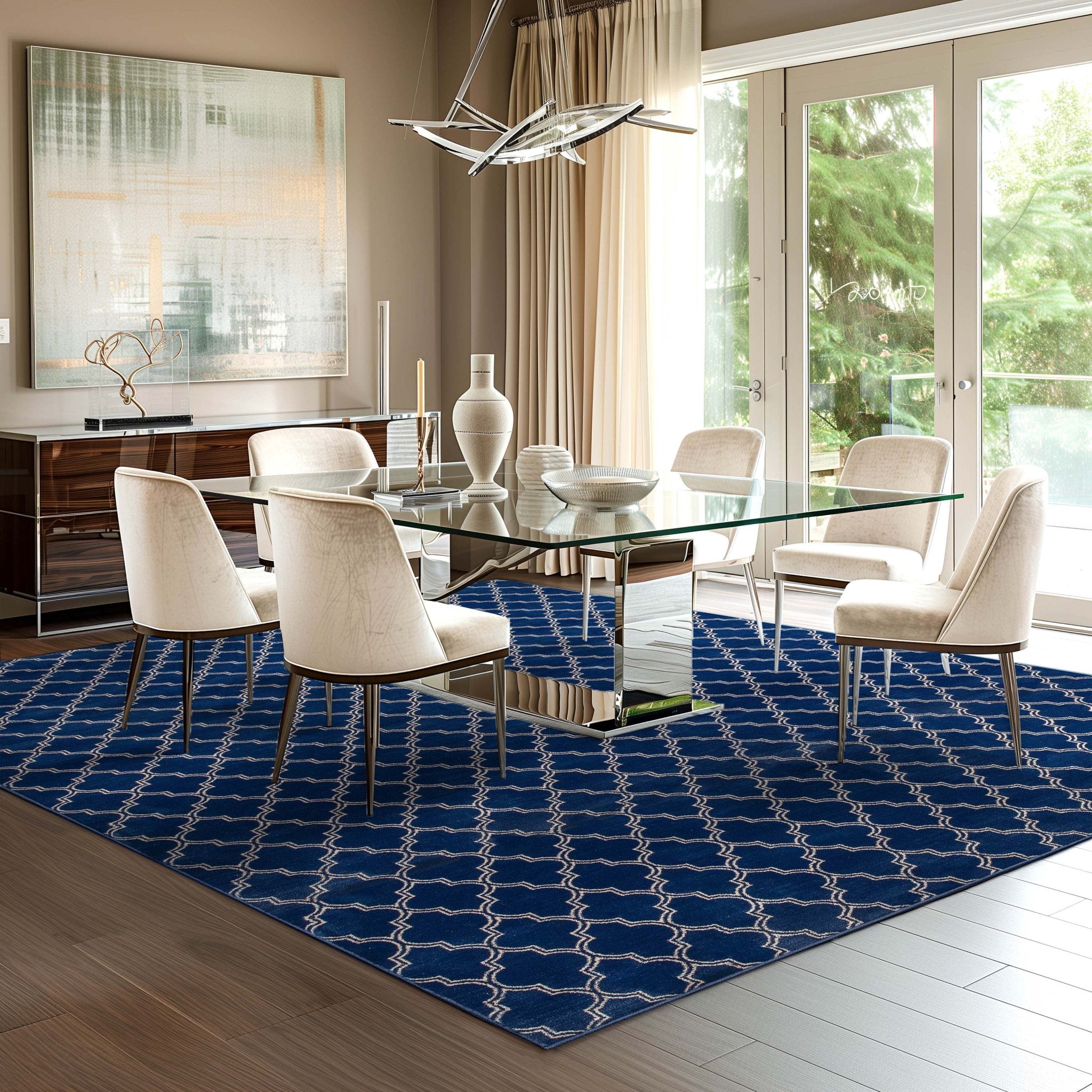 Nantucket Trellis Custom-Made Rug, Made to Order, High-Quality, Elegant Blue Design Area Rug - Well Woven - Blue and white rug in a dining room