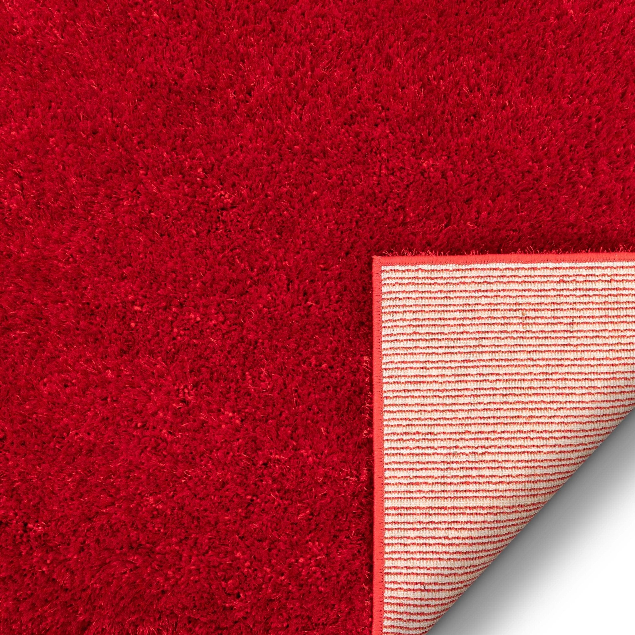 Feather Collection Liza Red Shag Rug – Sparkly, Plush, Minimalist Glam - Well Woven - red rug with jute backing