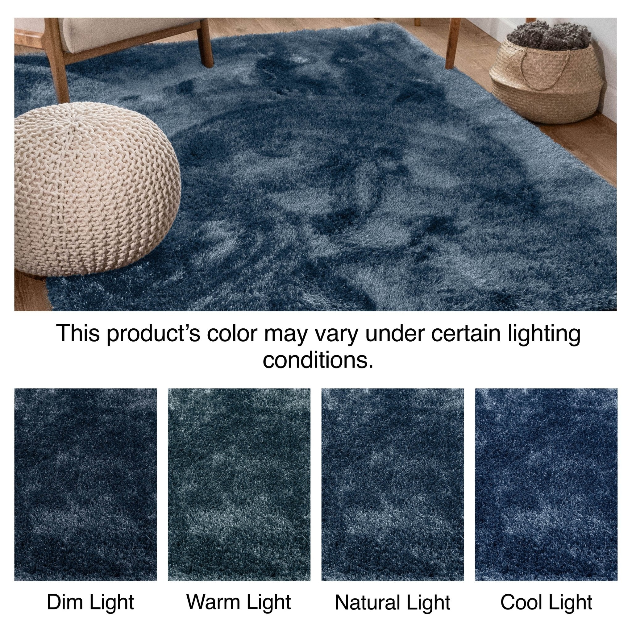 Feather Collection Liza Dark Blue Shag Rug – Sparkly, Plush, Minimalist Glam - Well Woven - Lighting