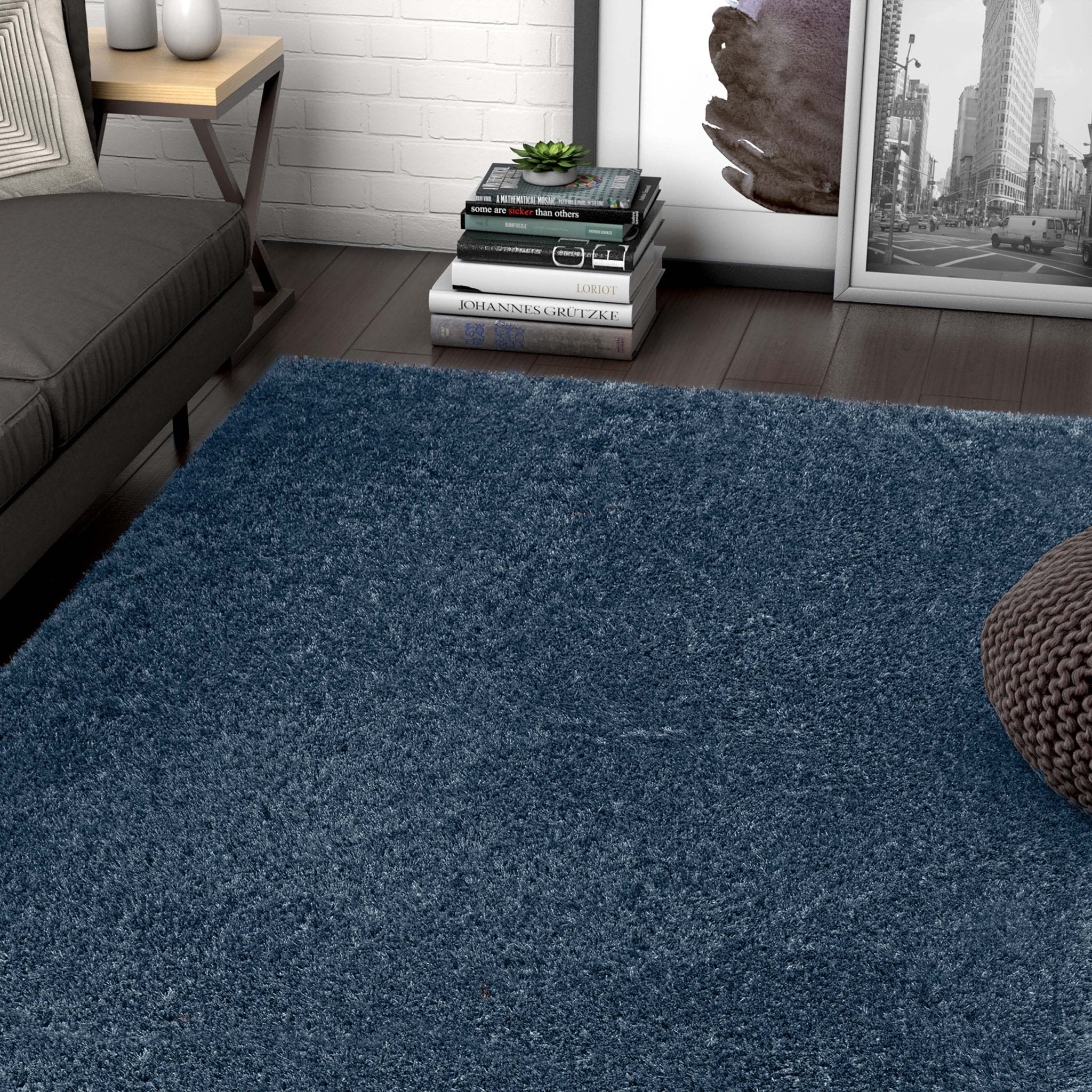 Feather Collection Liza Dark Blue Shag Rug – Sparkly, Plush, Minimalist Glam - Well Woven - Modern Living Room
