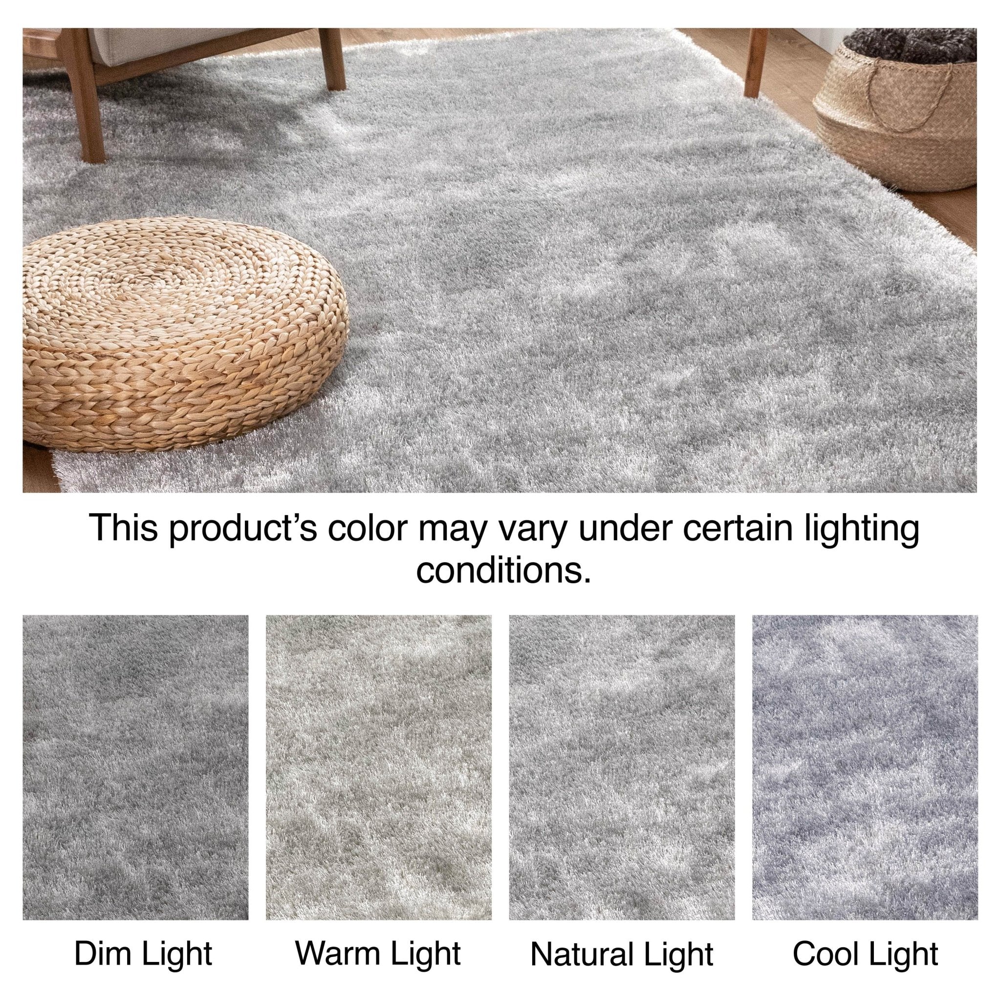 Feather Collection Liza Silver Shag Rug – Sparkly, Plush, Minimalist Glam - Well Woven - Lighting variations