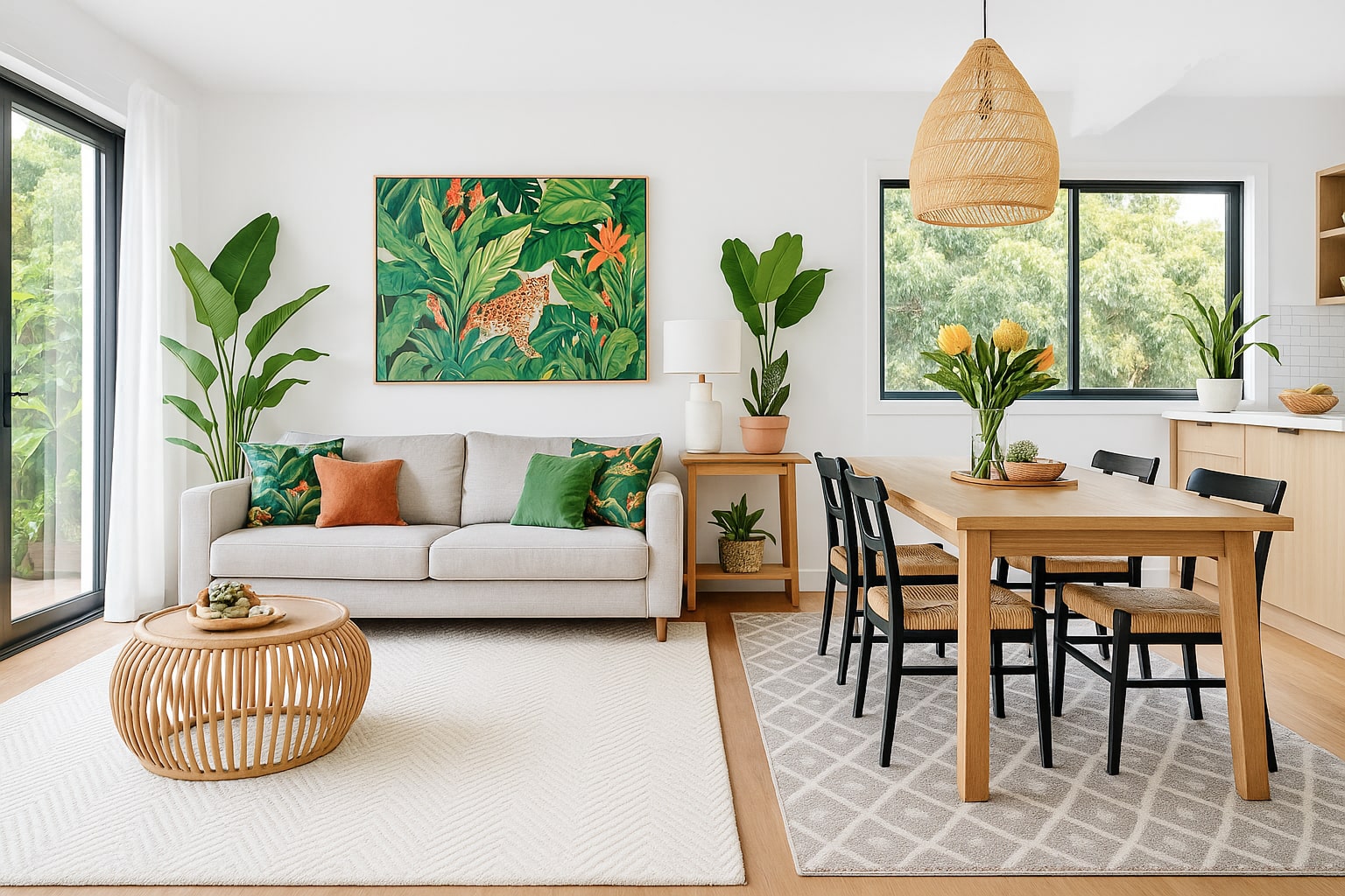 Modern living room with a sofa, coffee table, and dining area. A square ivory rug defines the living area while a grey diamond print rug defines the eating space.
