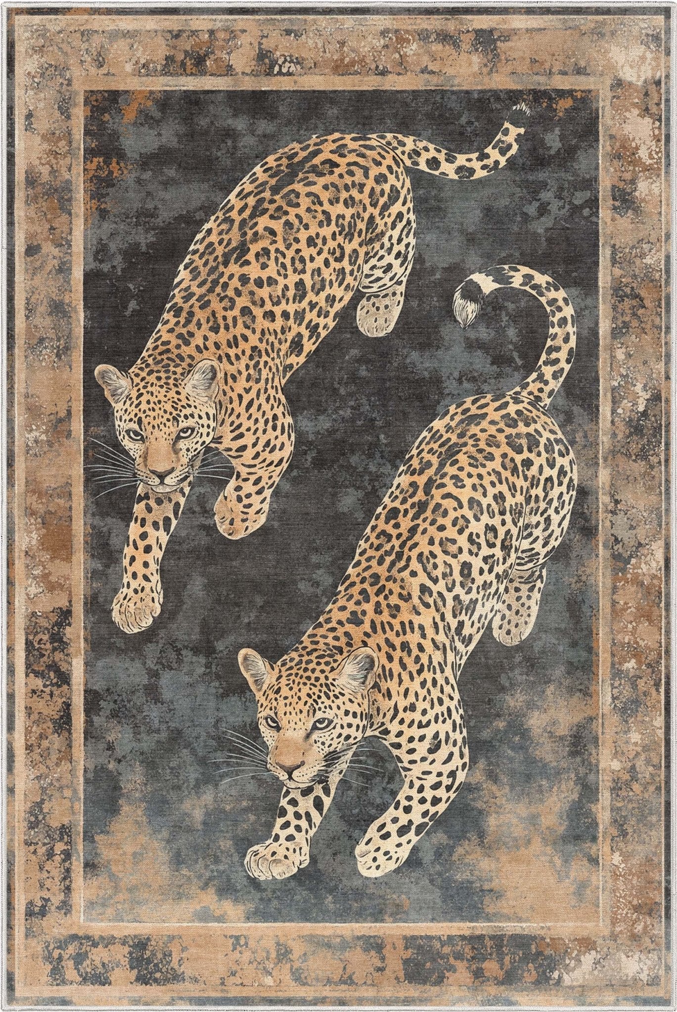 A siloed overhead of the Leopard’s Reverie Charcoal & Natural Rug