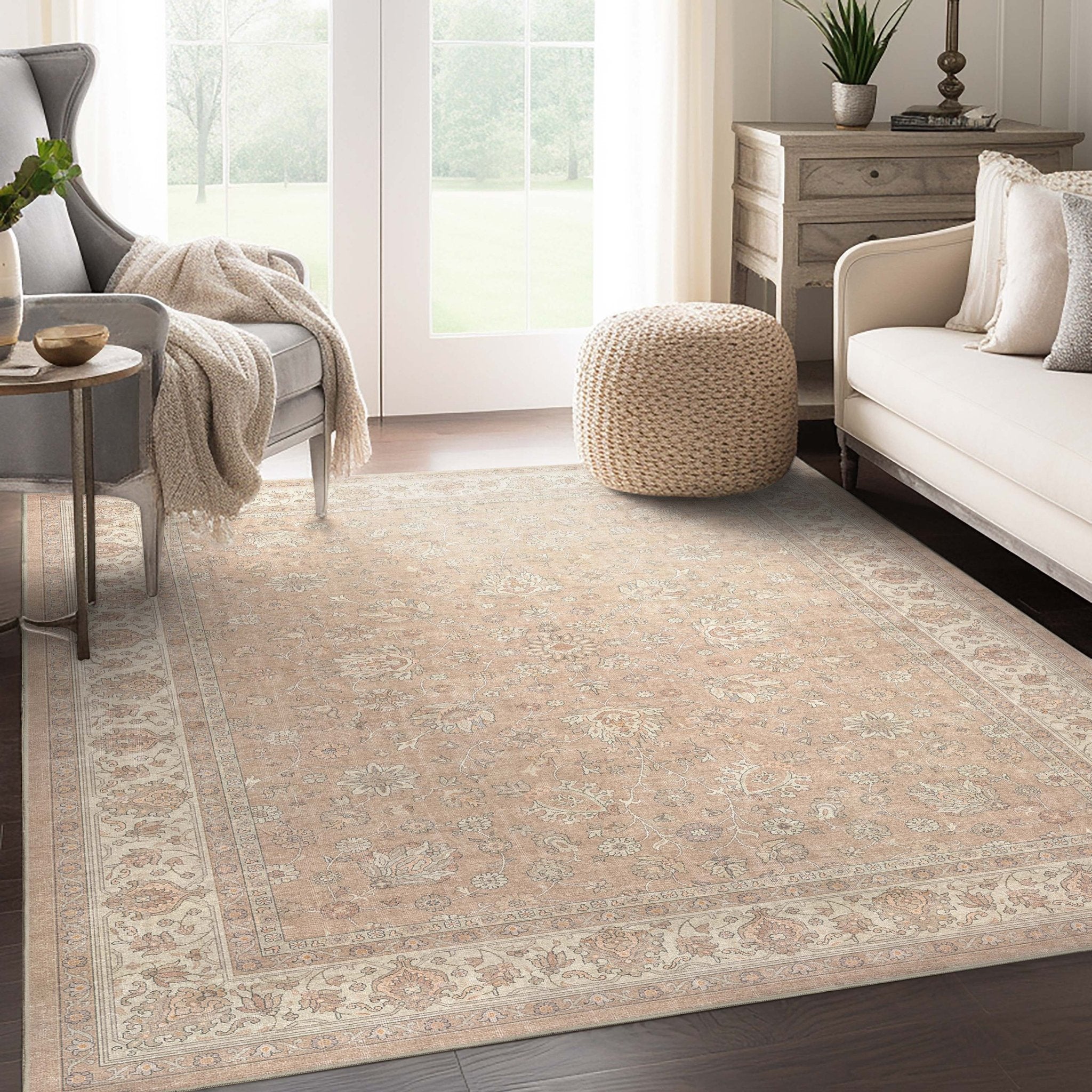 Beige Cream - Rome Vintage Oriental Floral Flat-Weave Rug - Well Woven