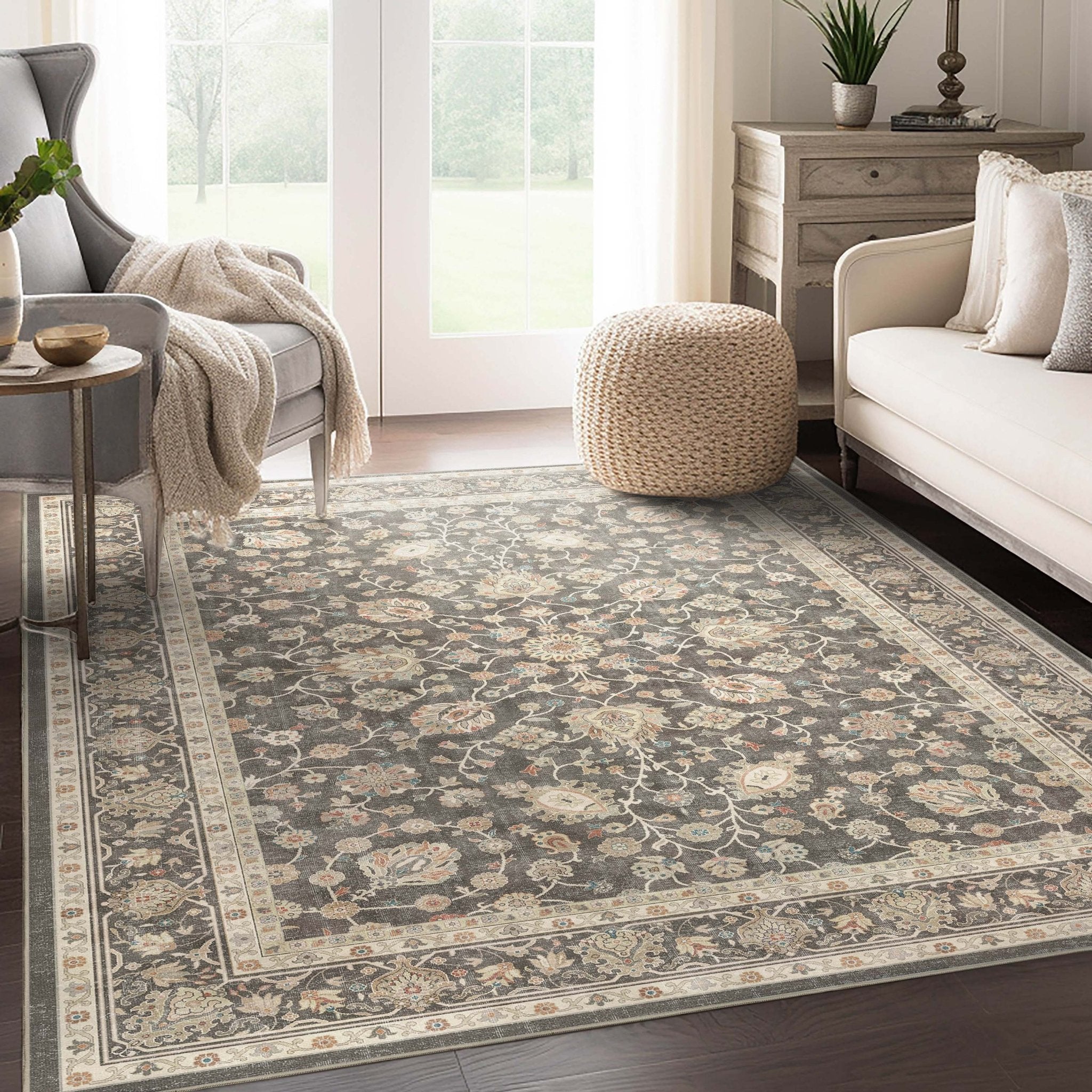 Charcoal Brown - Rome Vintage Oriental Floral Flat-Weave Rug - Well Woven