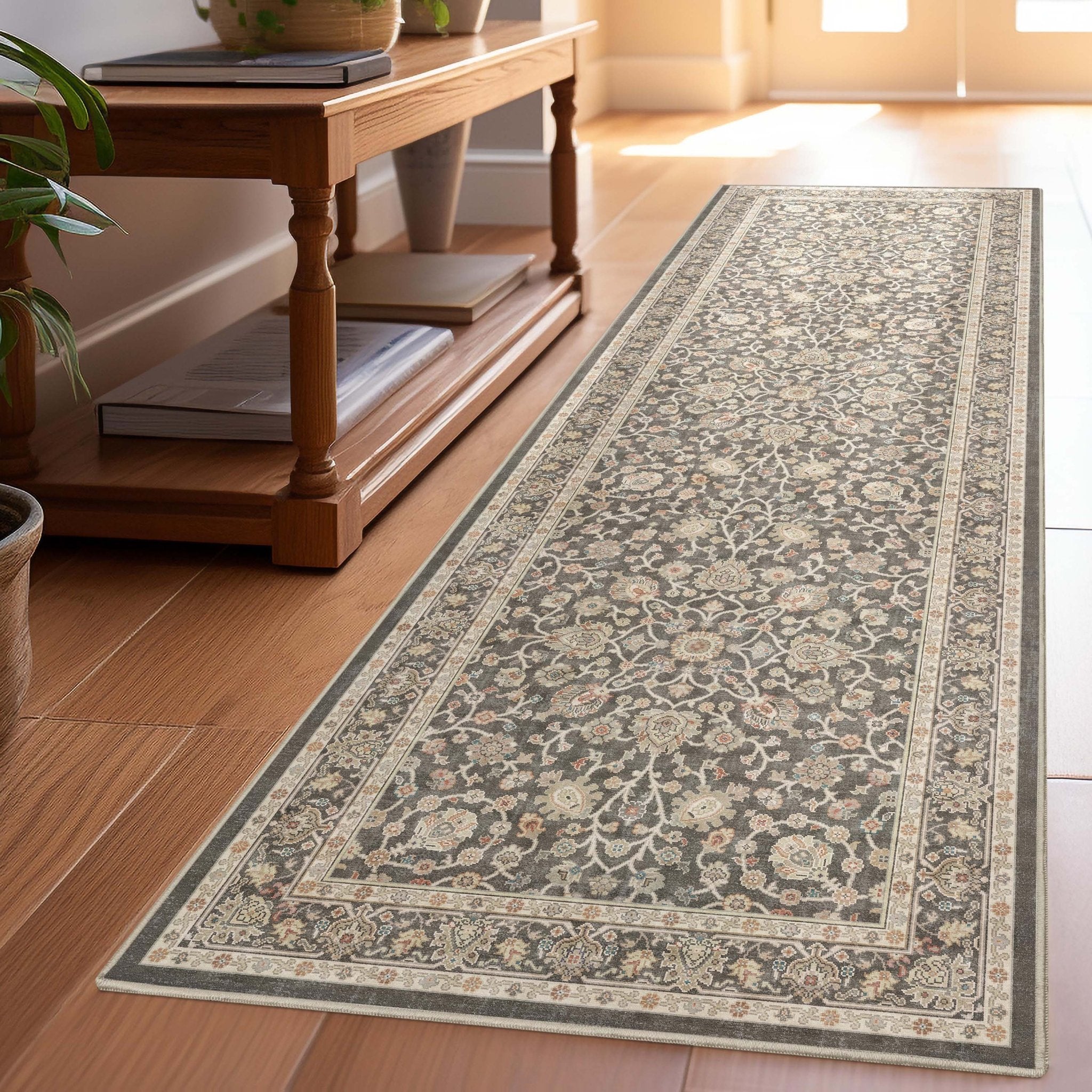 Charcoal Brown - Rome Vintage Oriental Floral Flat-Weave Rug - Well Woven