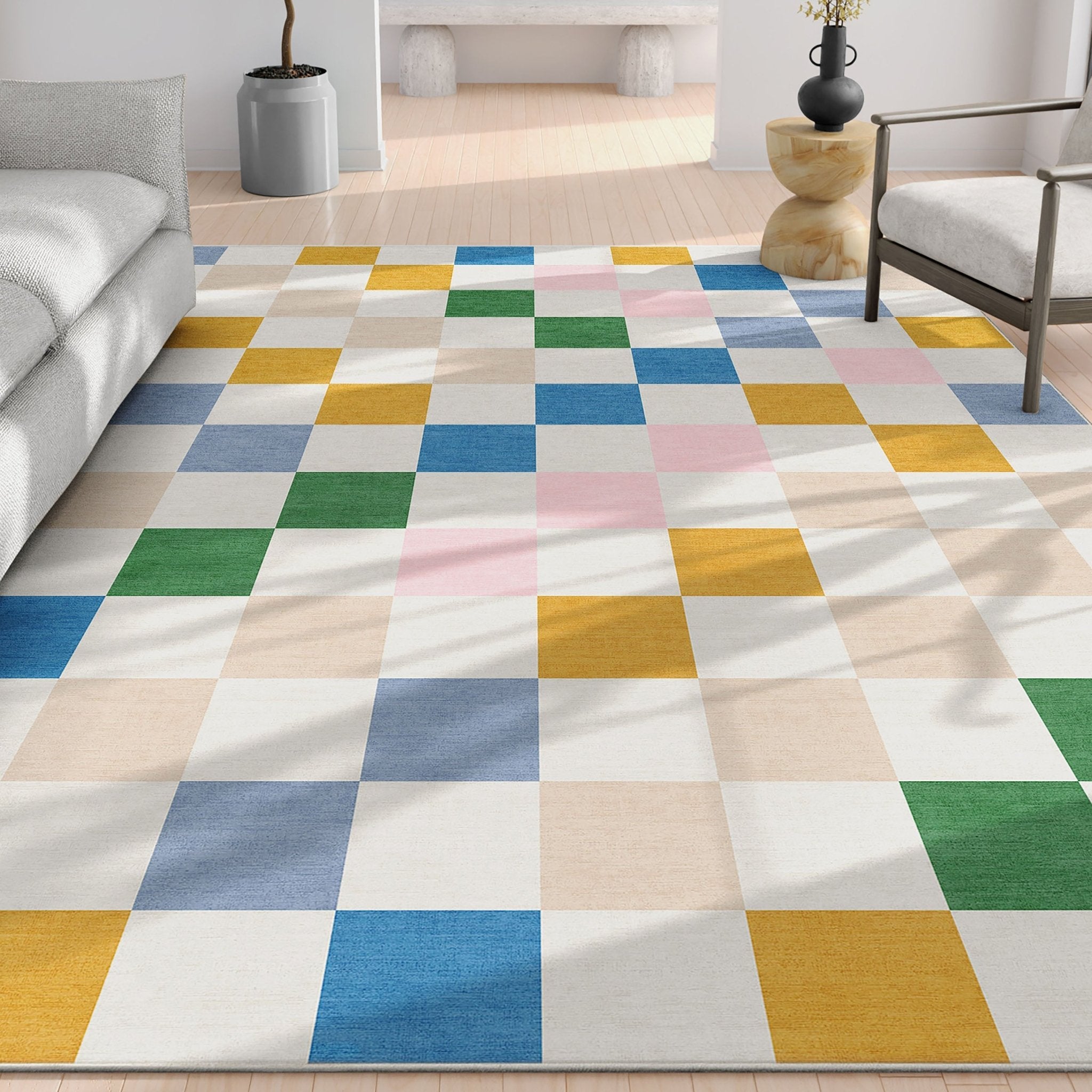 Squares Modern Multi Color Checkered Flat-Weave Kids Rug Well Woven