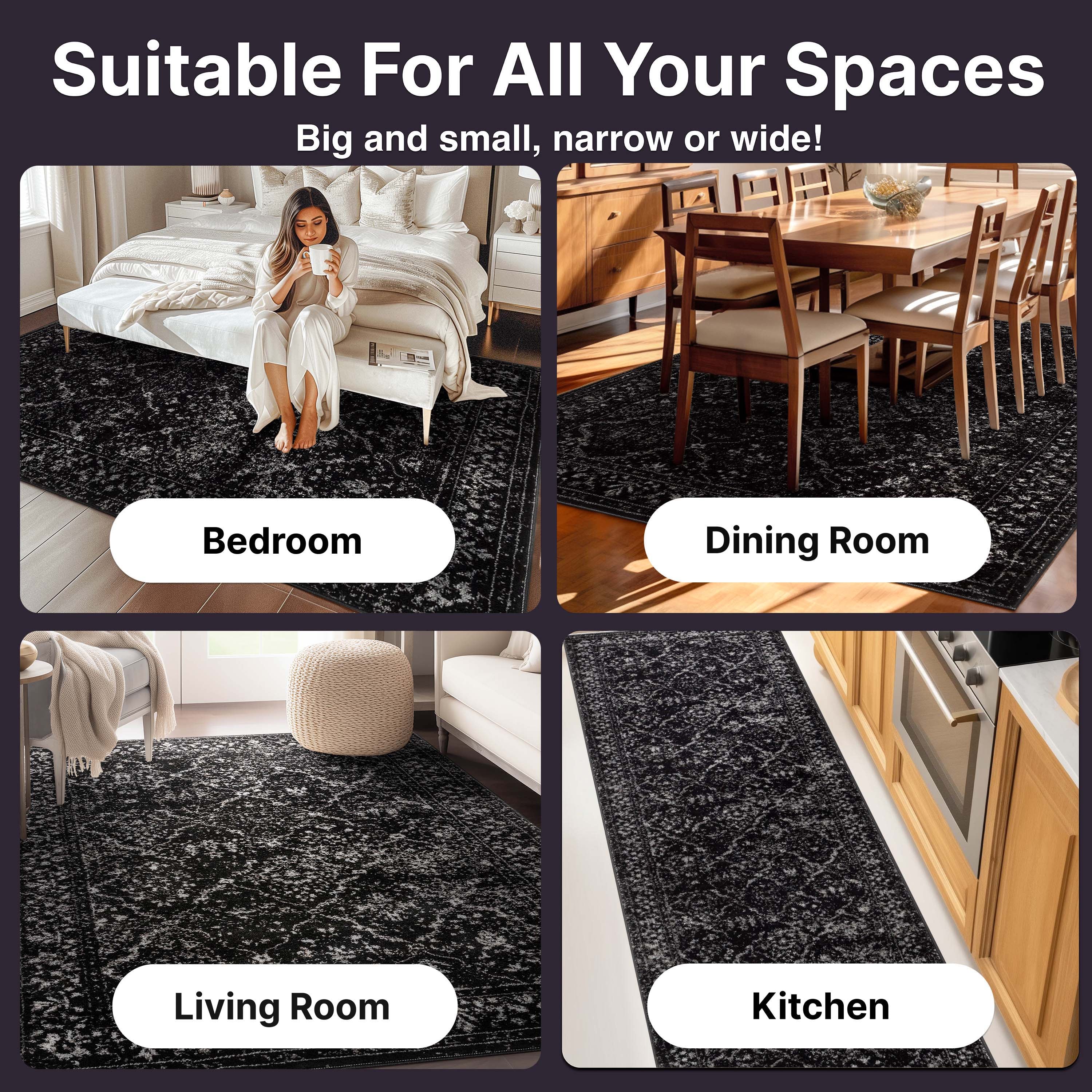 Argos Custom Size Runner Vintage Medallion Oriental Black Choose Your Width x Choose Your Length Hallway Runner Rug