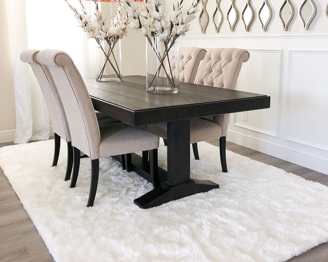 Feather Collection Liza White Shag Rug – Sparkly, Plush, Minimalist Glam - Well Woven - white rug in a modern dining room