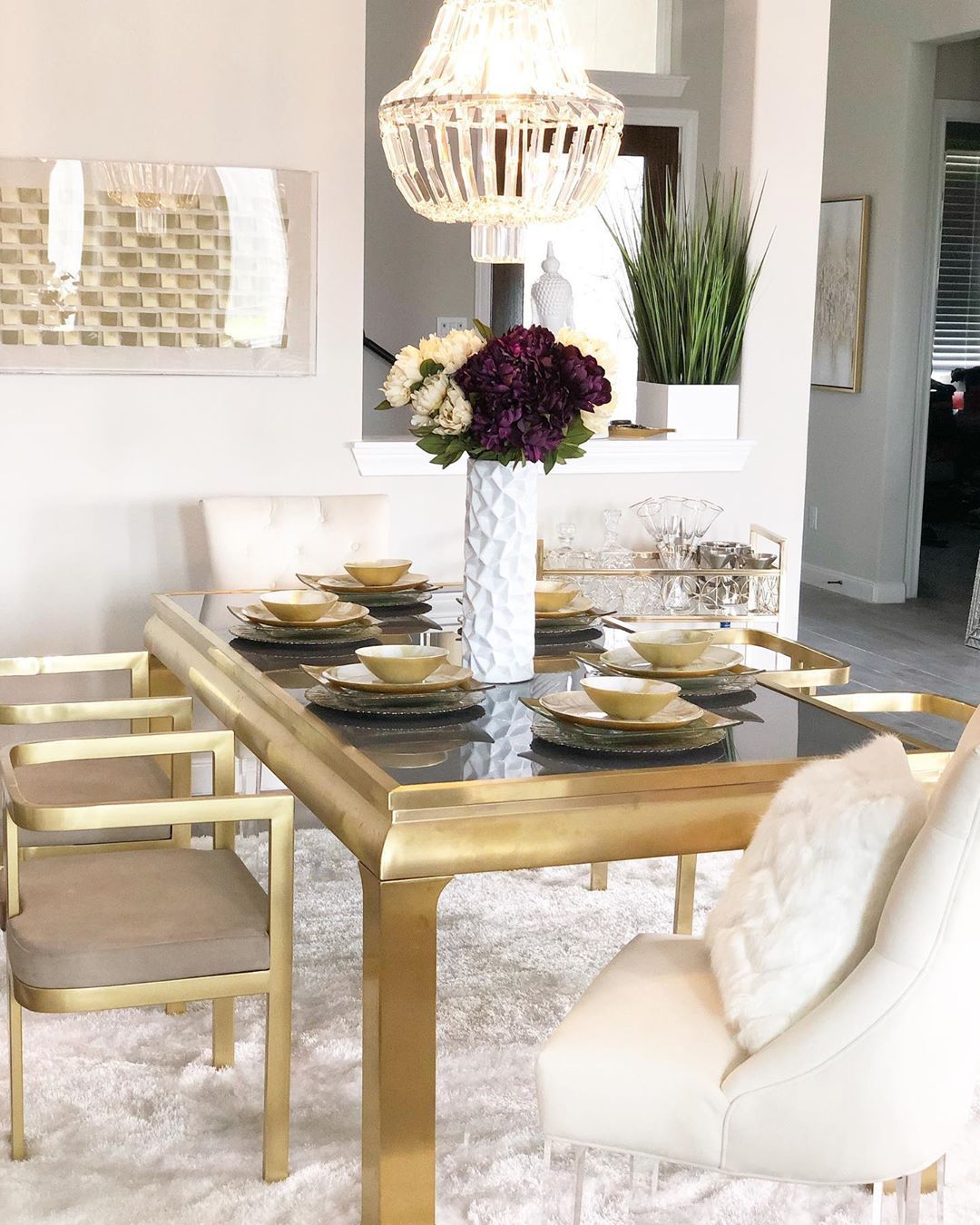 Feather Collection Liza White Shag Rug – Sparkly, Plush, Minimalist Glam - Well Woven - white rug in a dining room