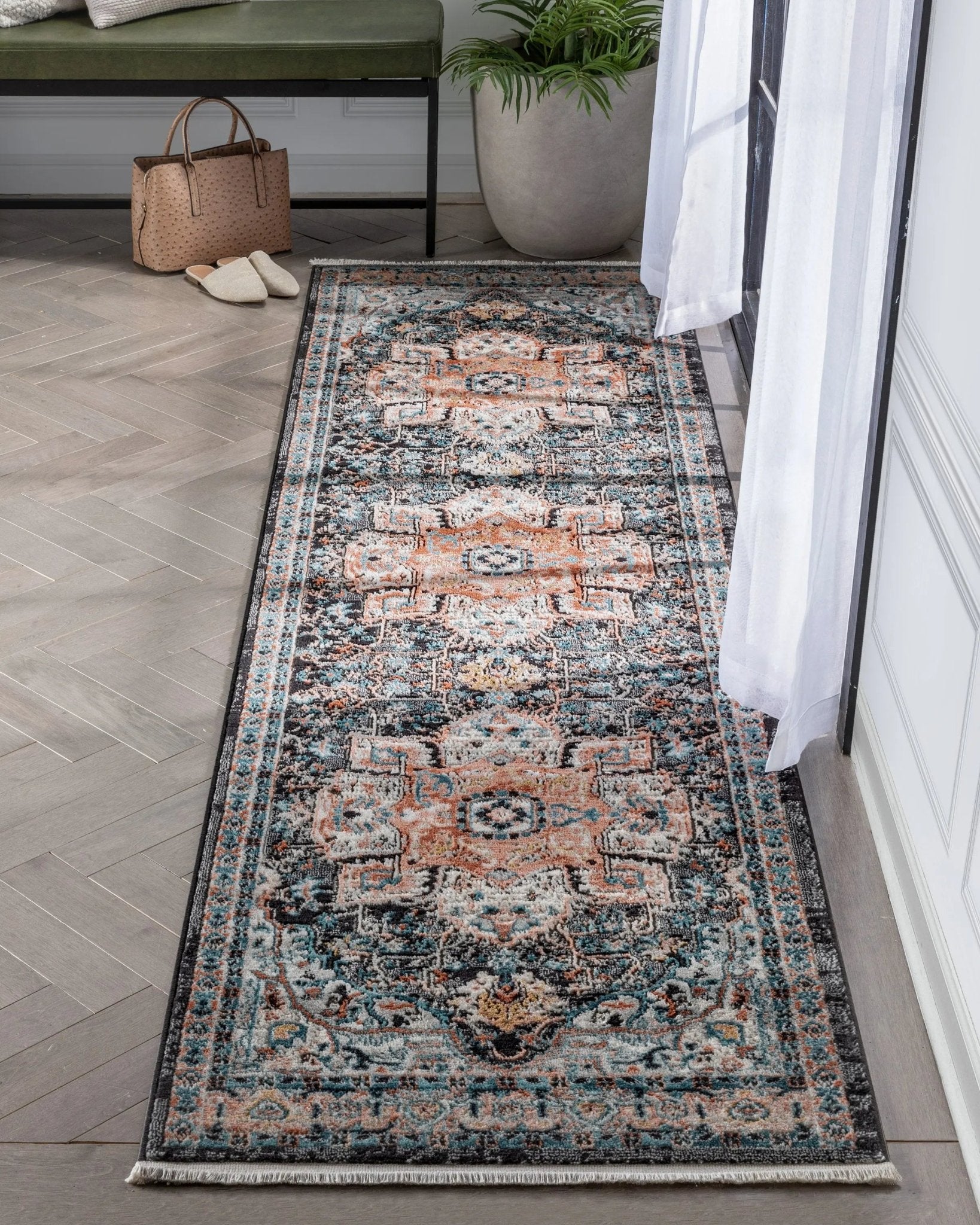 Minos Vintage Bohemian Oriental Floral Black Rug Well Woven