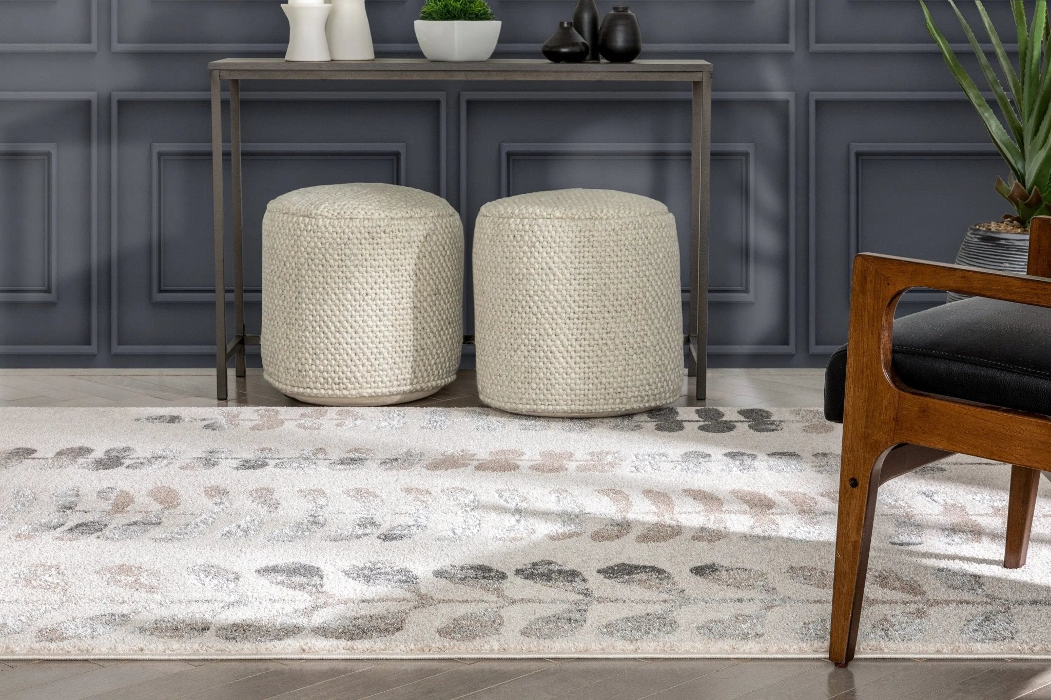 Myra Abstract Leaf Pattern Ivory Vintage Rug Well Woven