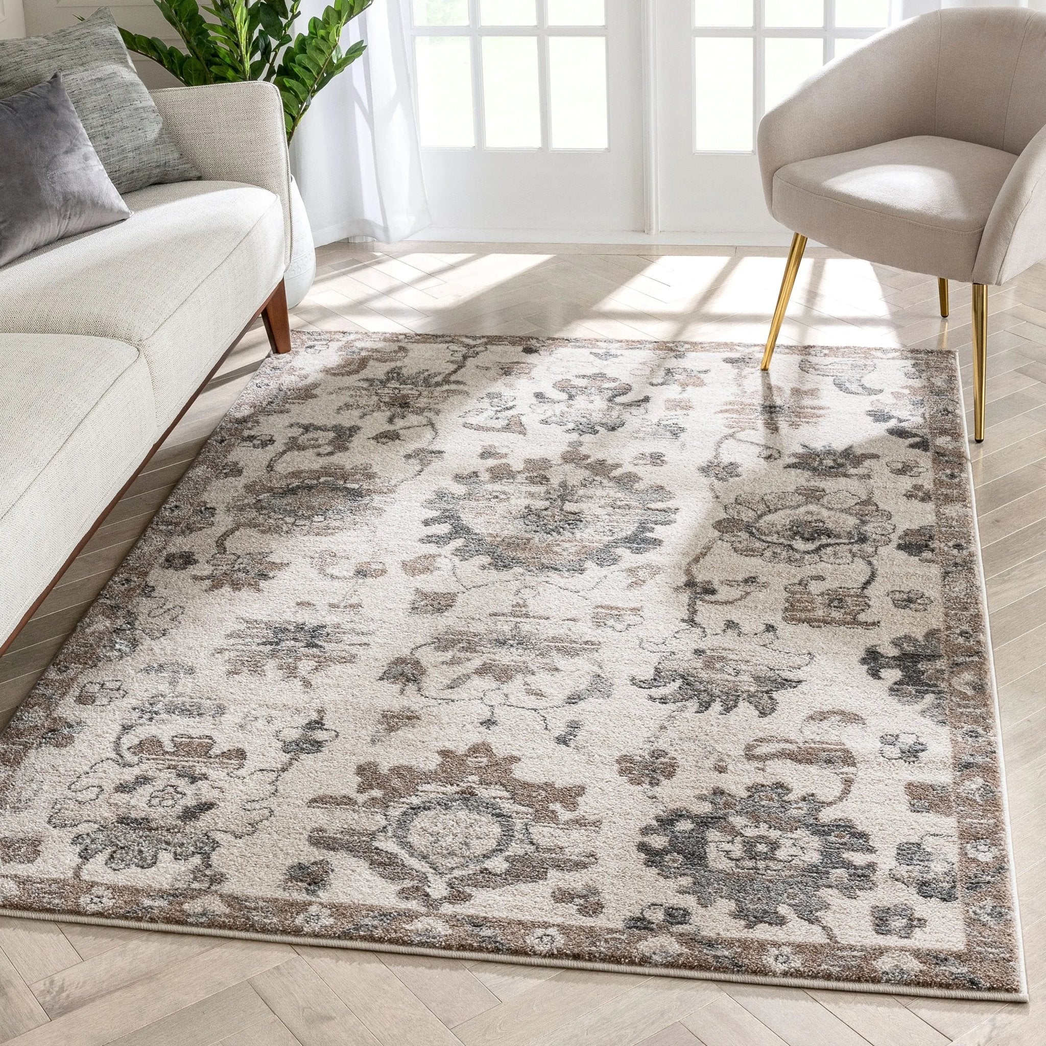 Selma Oriental Floral Pattern Ivory Vintage Rug Well Woven