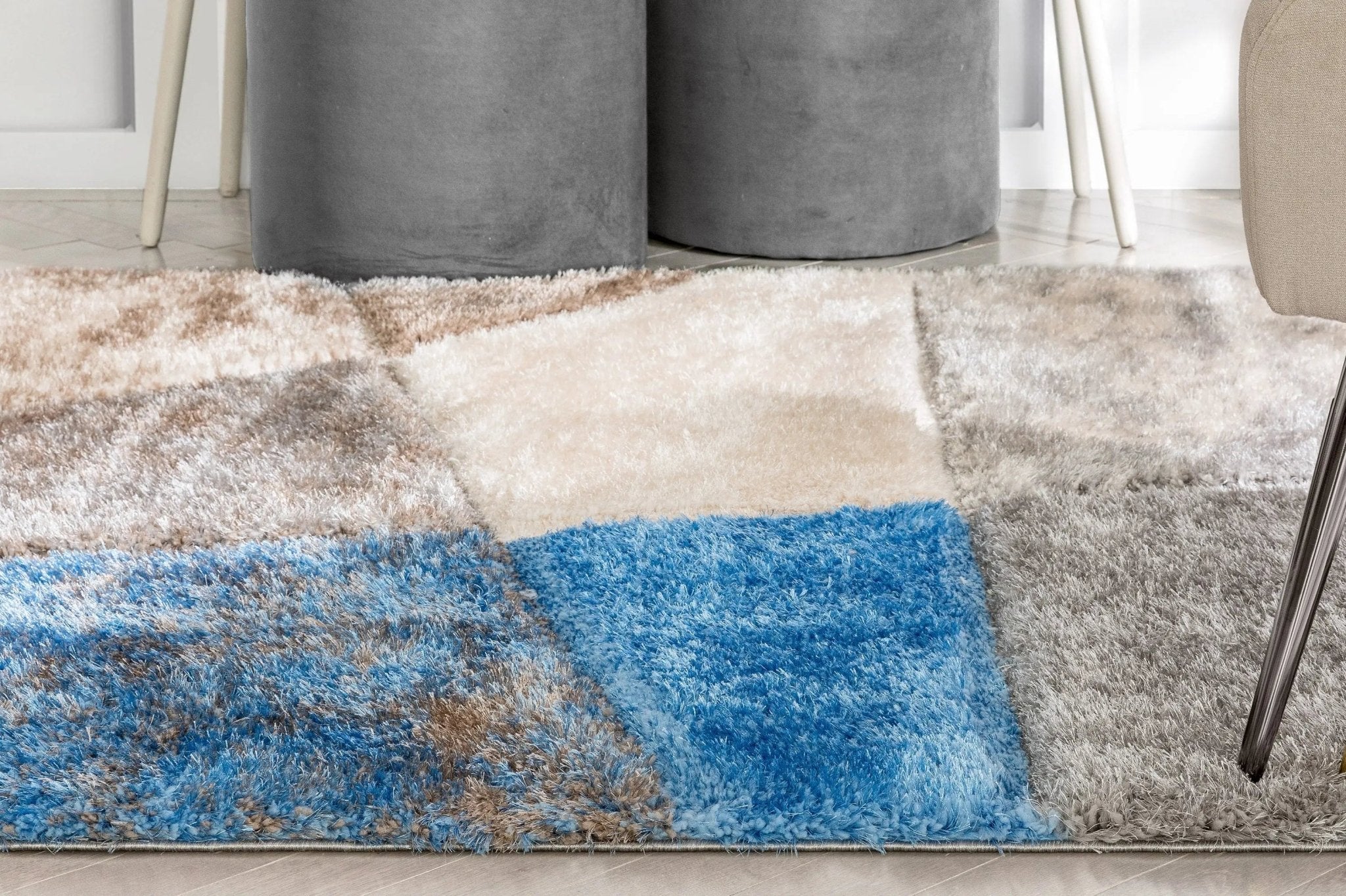 Remi Contemporary Geometric Boxes 3D Textured Shag Grey  Light Blue Rug Well Woven
