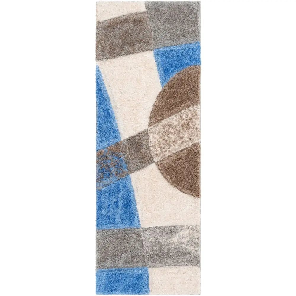 Remi Contemporary Geometric Boxes 3D Textured Shag Grey  Light Blue Rug Well Woven