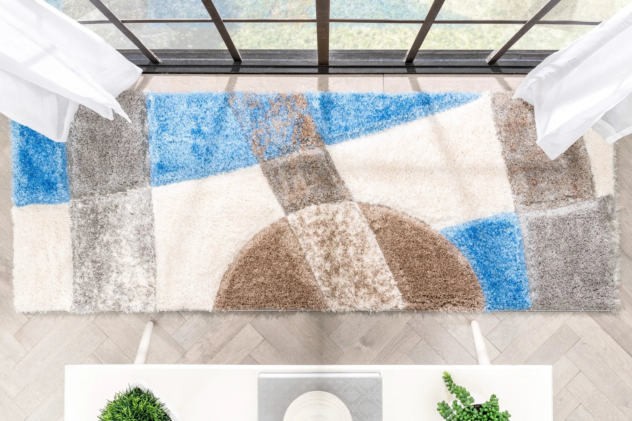 Remi Contemporary Geometric Boxes 3D Textured Shag Grey  Light Blue Rug Well Woven