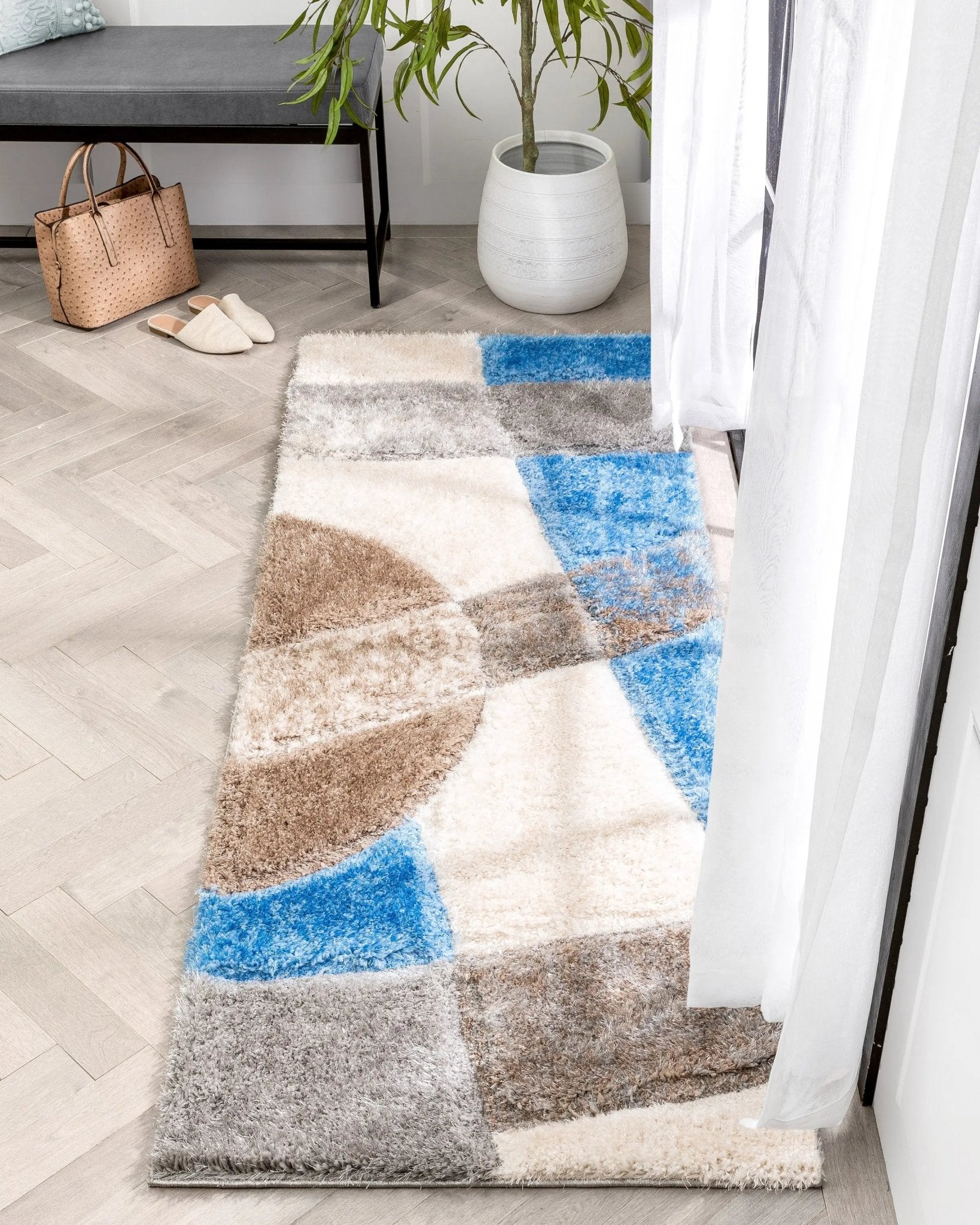 Remi Contemporary Geometric Boxes 3D Textured Shag Grey  Light Blue Rug Well Woven