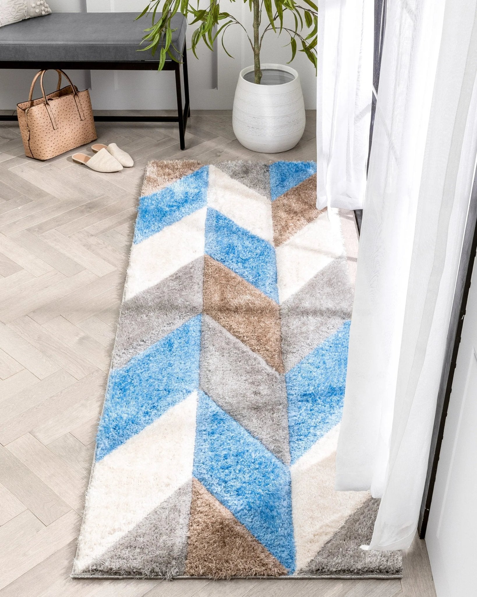 Mika Retro Chevron 3D Textured Shag Grey Light Blue Rug Well Woven