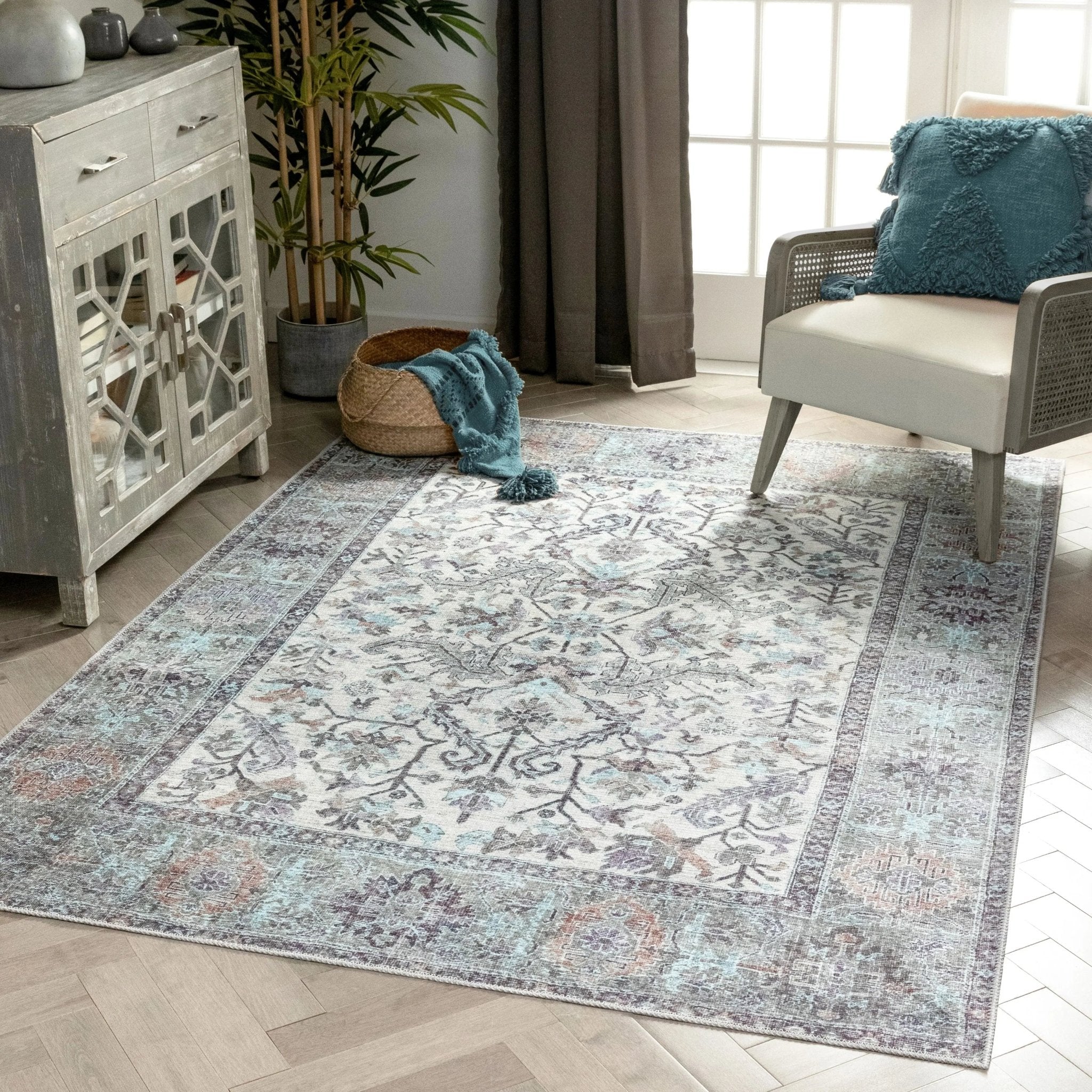 Macon Machine Washable Vintage  Medallion Botanical Border Beige Flat-Weave Distressed 5'3" x 7'3" Rug Well Woven