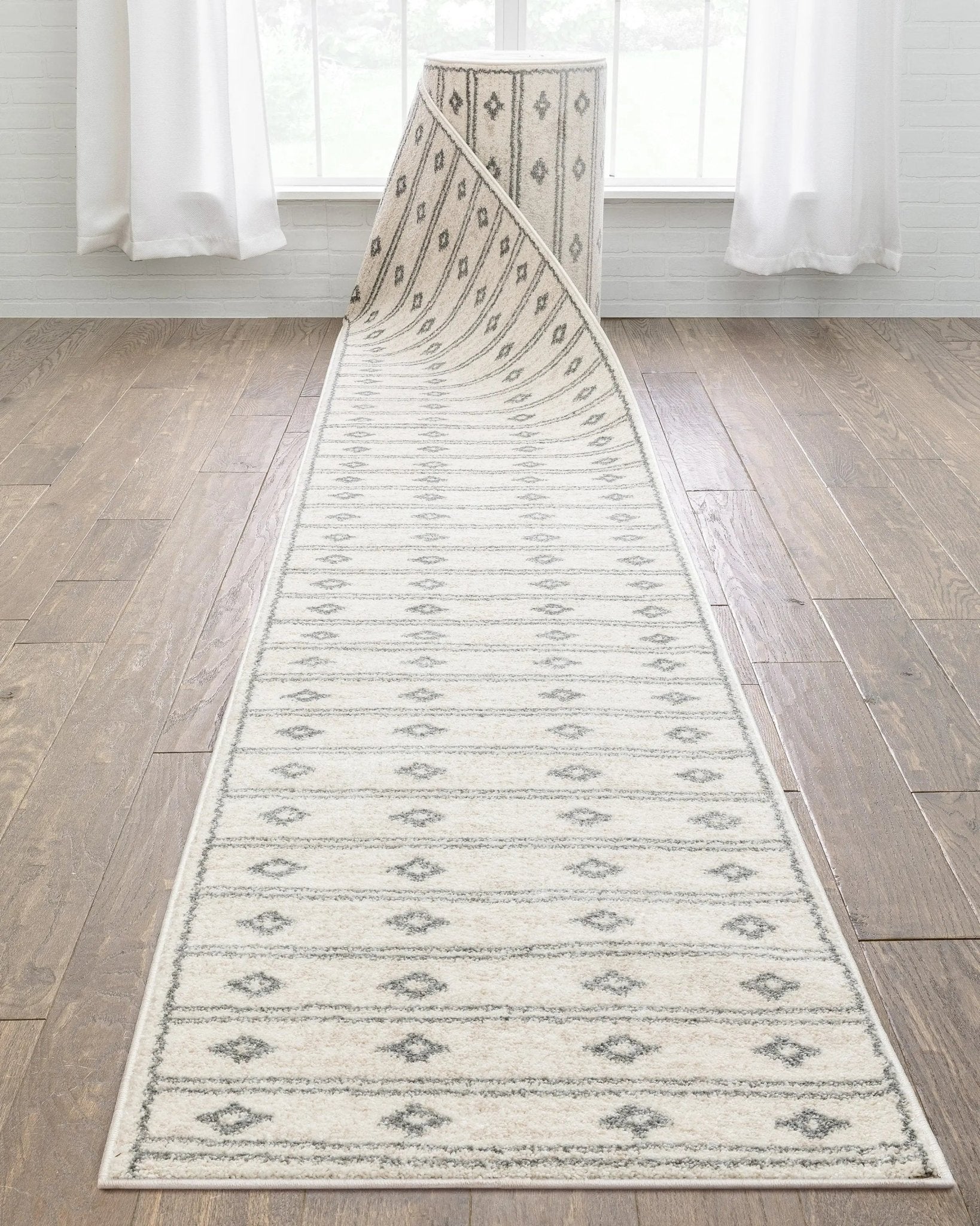 Custom Size Runner Parallel Tribal Diamond Pattern Ivory Grey 27 Inch Wide x Choose Your Length Hallway Runner Rug Well Woven