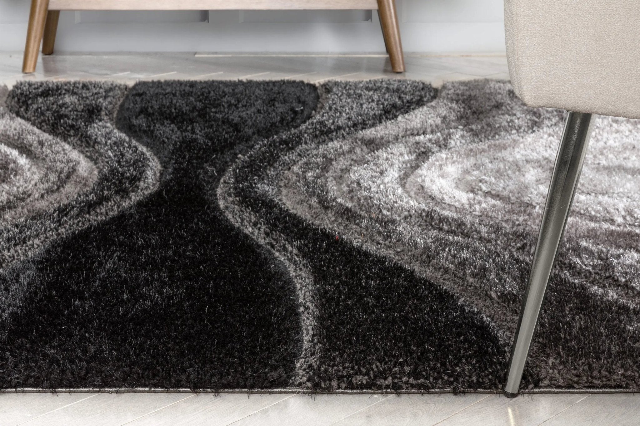 Luz Modern Geometric Black 3D Textured Thick & Soft Shag Rug Well Woven
