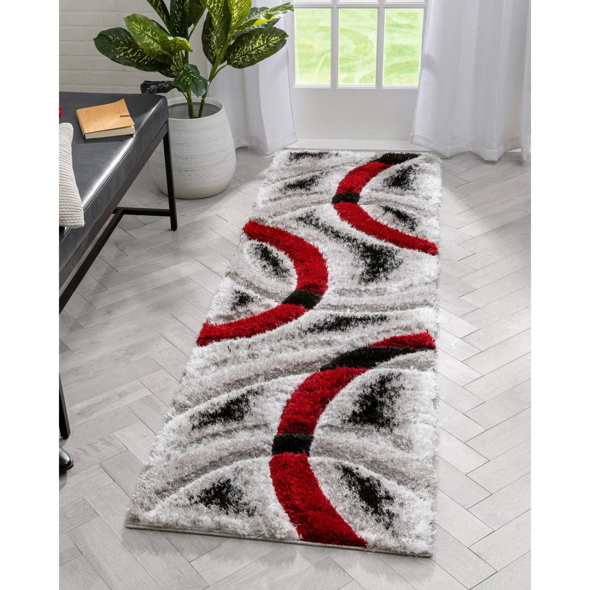 Oahu Red Modern Geometric 3D Textured Shag 5'3" x 7'3" Rug Well Woven