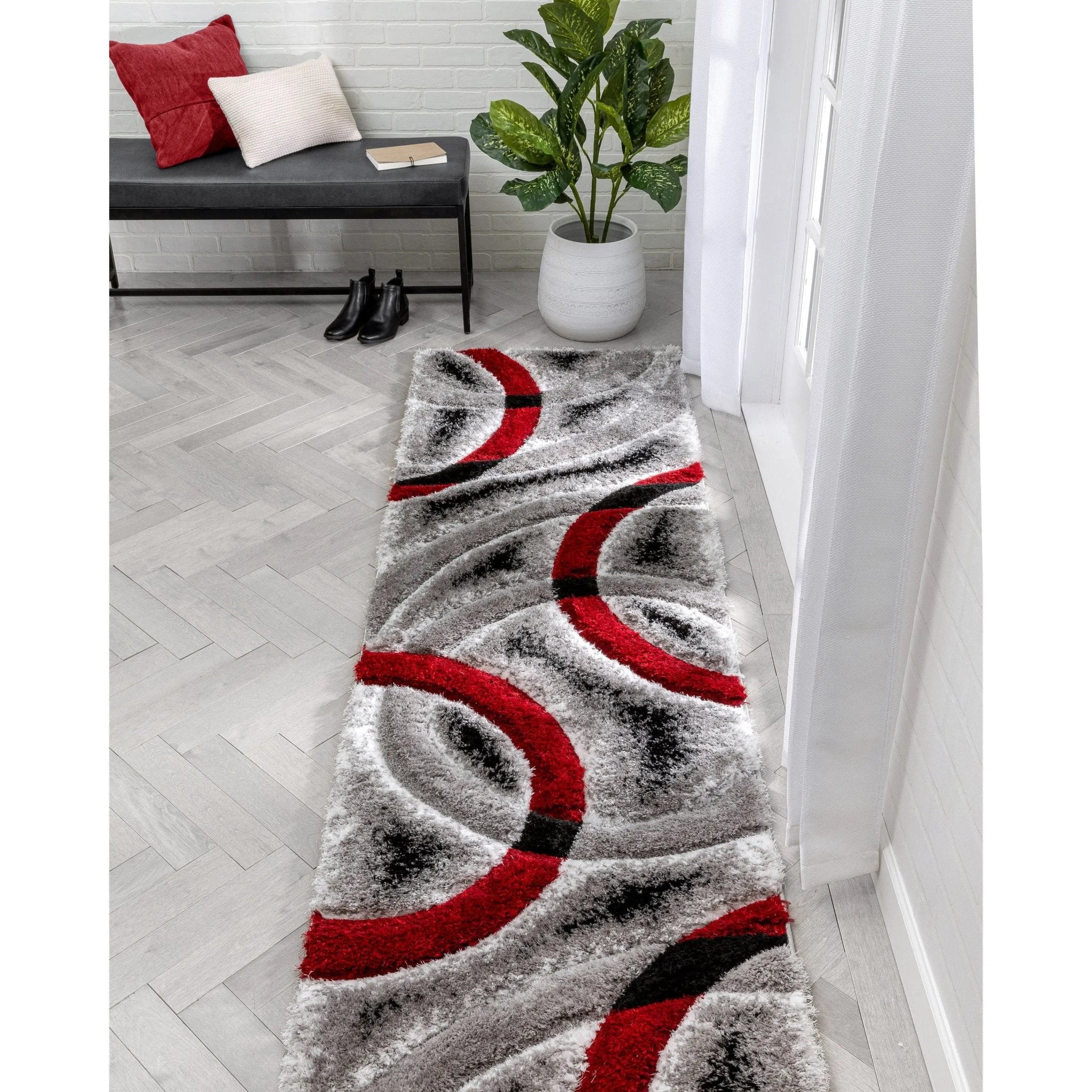 Oahu Red Modern Geometric 3D Textured Shag 5'3" x 7'3" Rug Well Woven