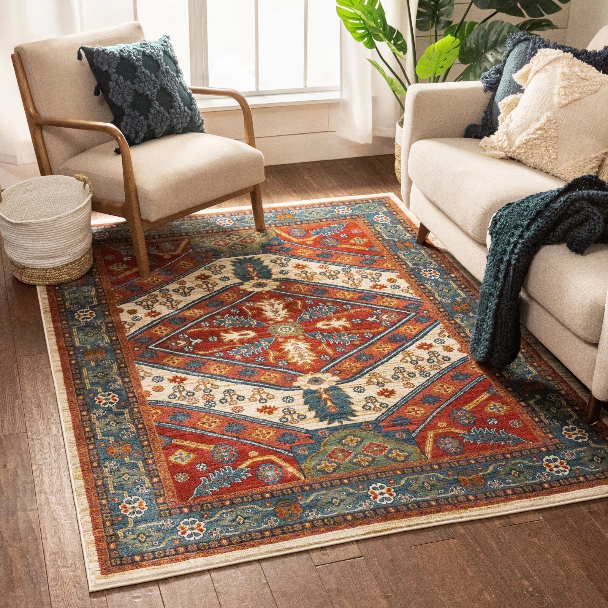 Musta Ivory Traditional Medallion Border Rug Well Woven