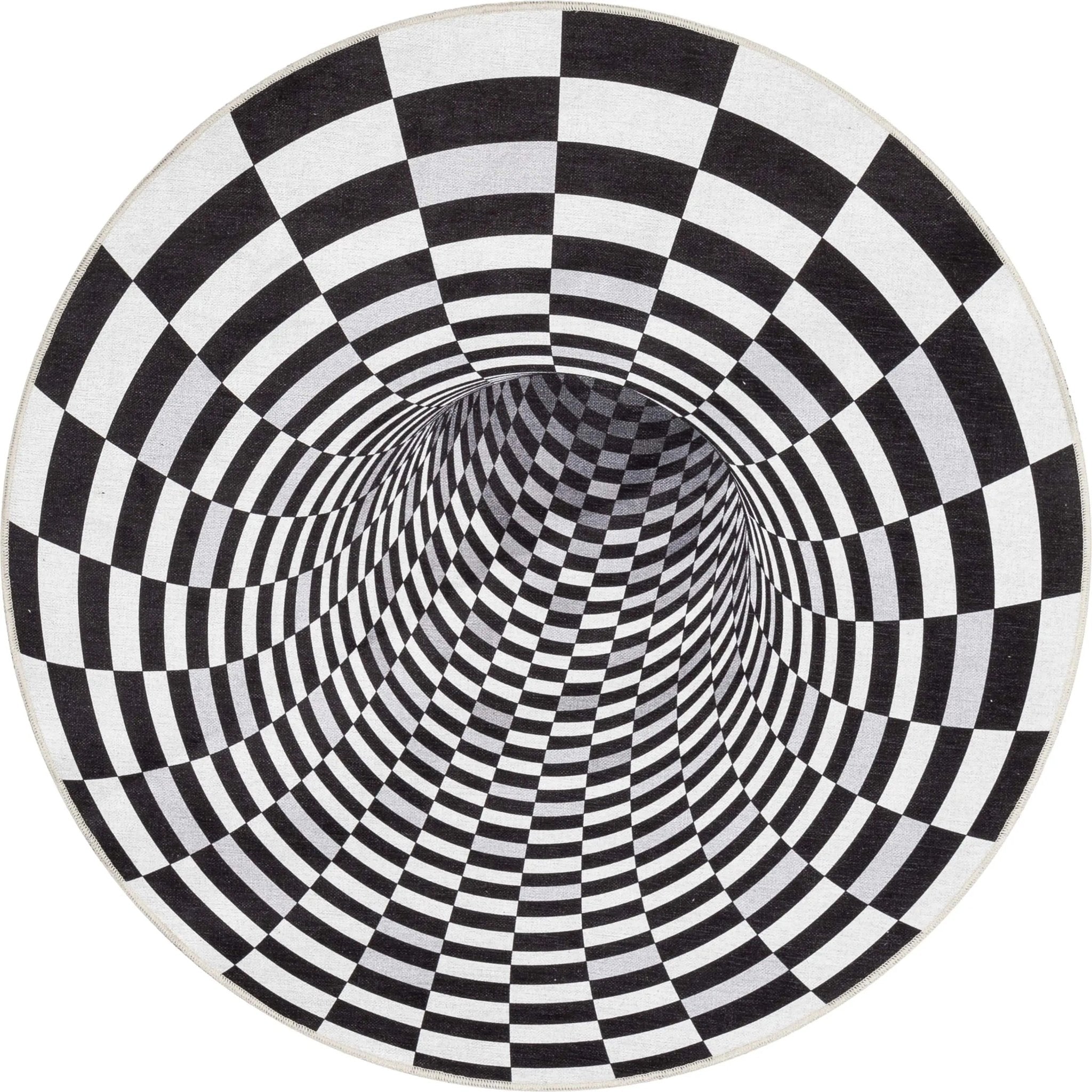 Vortex 3D Bottomless Hole Black Ivory Area Flat-Weave Rug Well Woven