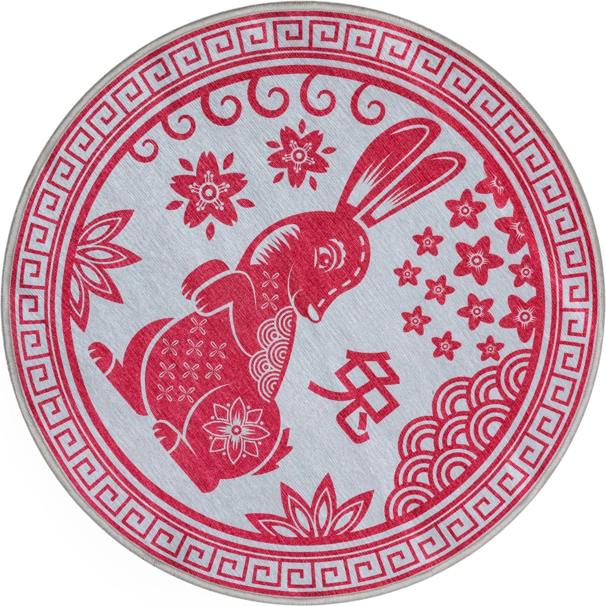 Chinese Calendar Lunar Year of the Rabbit Red Flat-Weave Rug Well Woven