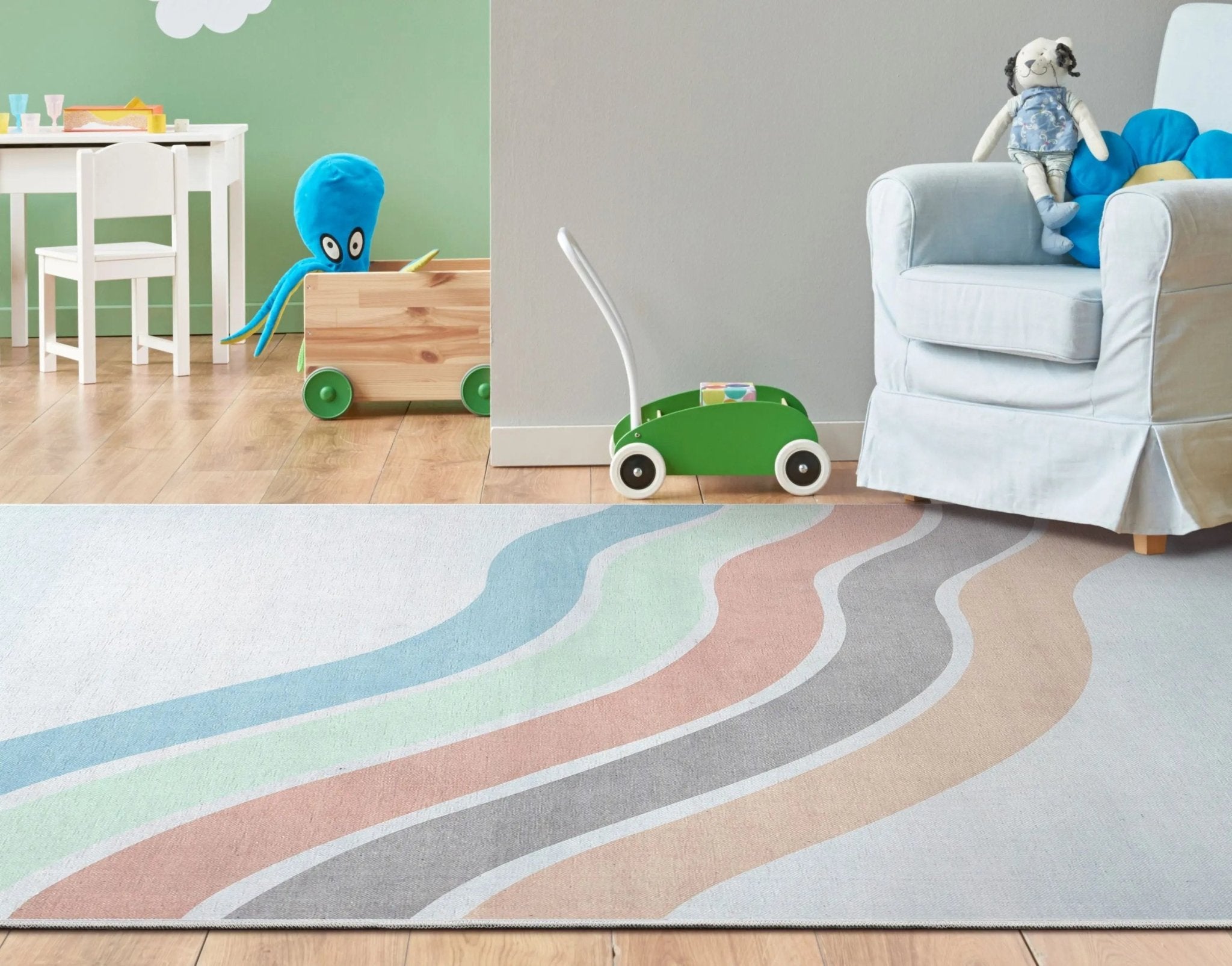 Curved Rainbow Modern Multi Color Pastel Area Flat-Weave Rug Well Woven