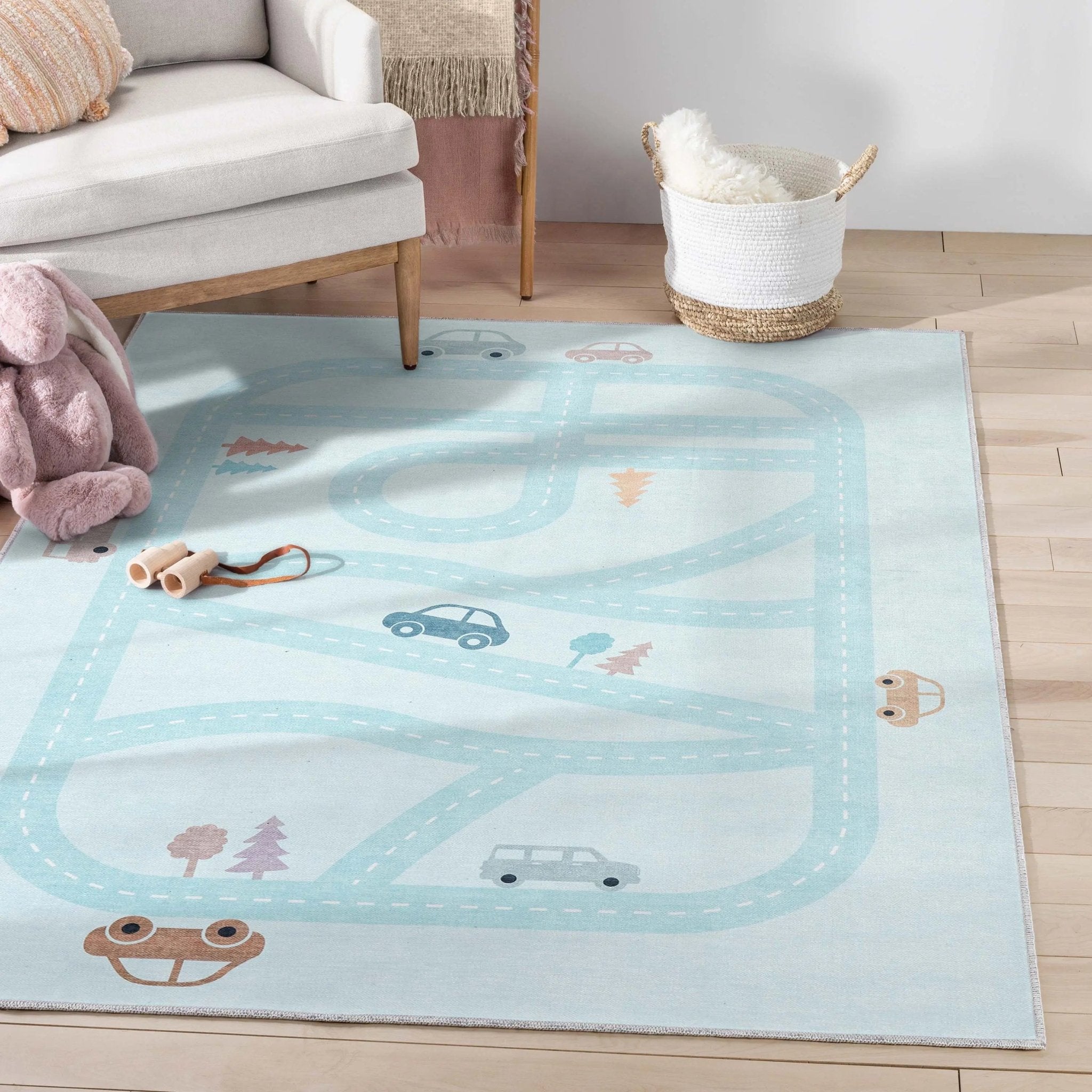 Playful Roads Modern Blue Area Flat-Weave Rug Well Woven