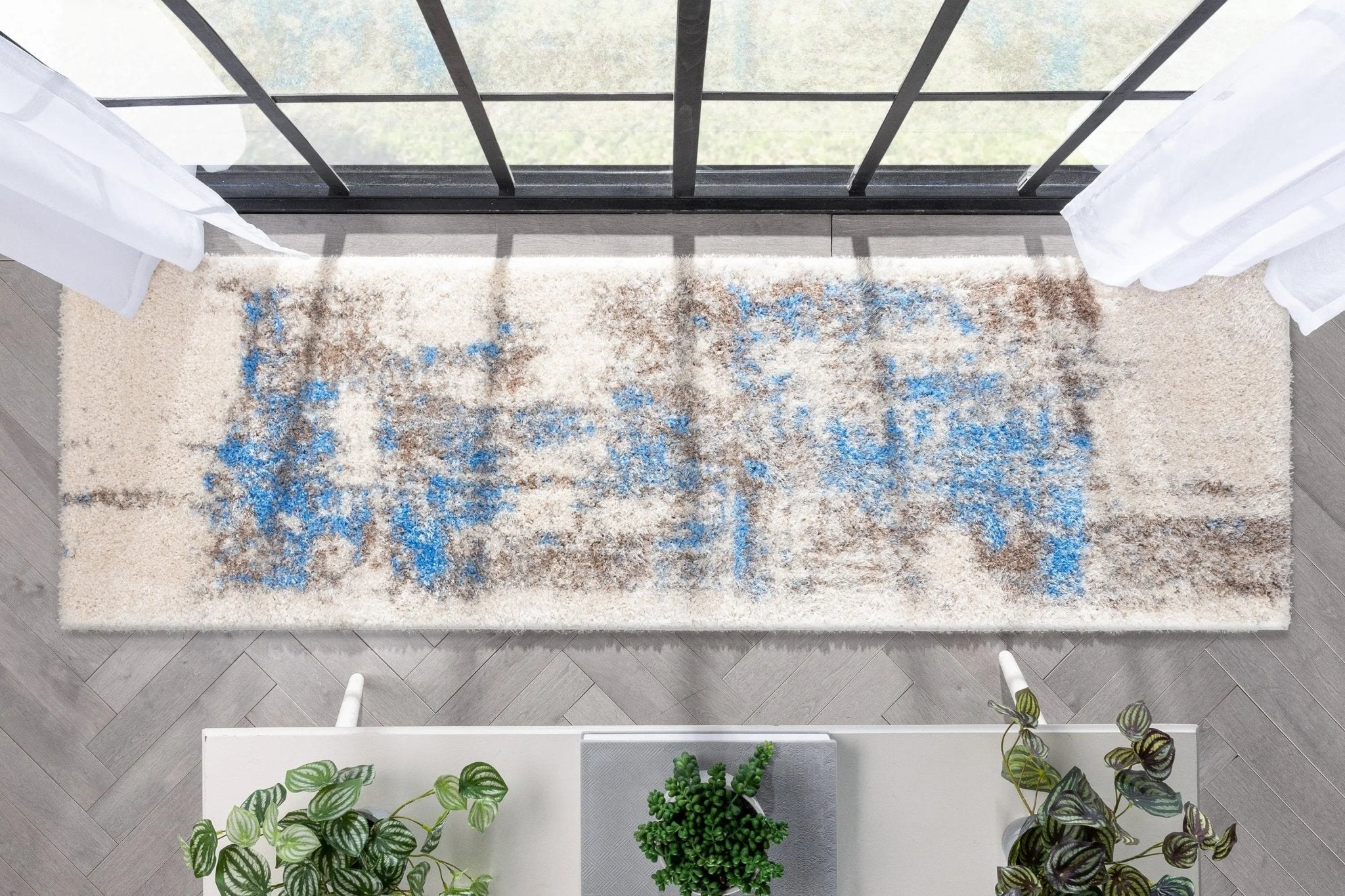 Sariah Modern Abstract Ivory Blue Shag Rug Well Woven