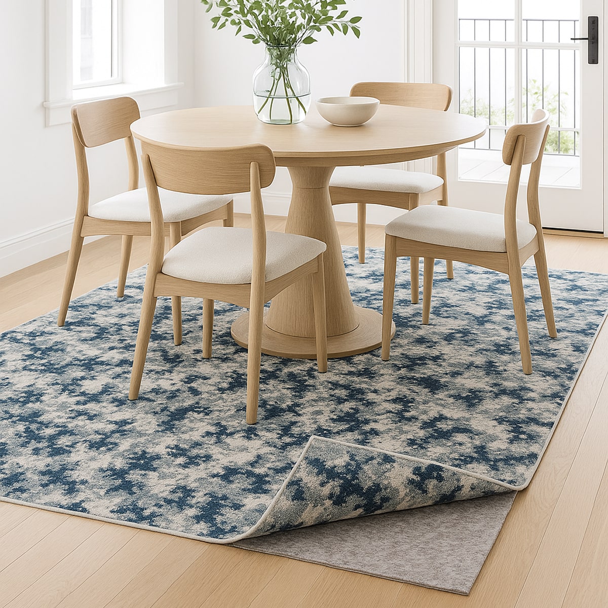 A blue and white custom rug for renters underneath a circular wooden dining room table for four