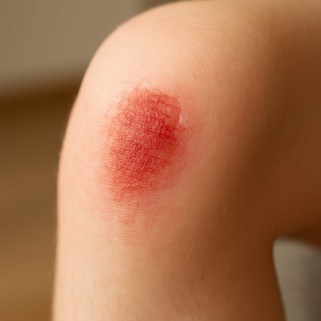 An inflamed area on a knee caused by rug burn