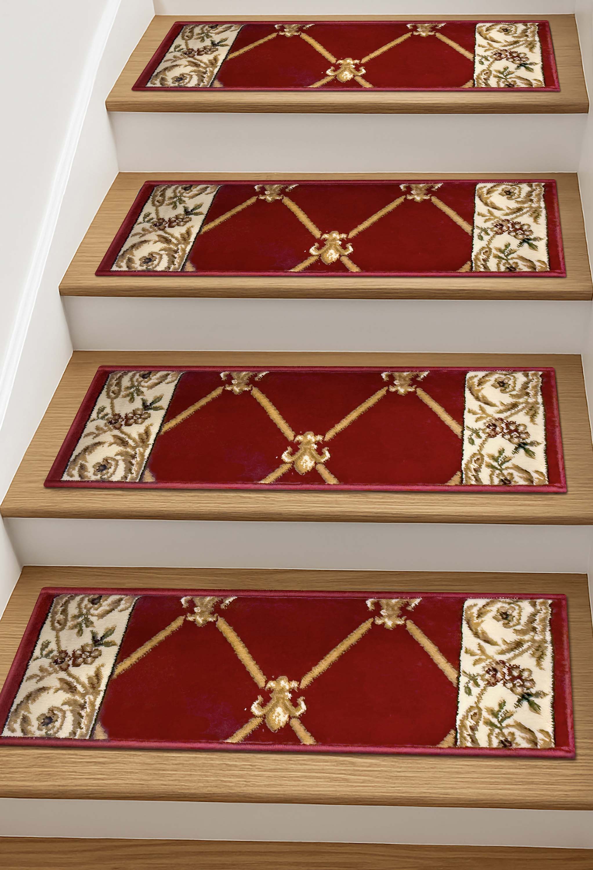 Well Woven Fleur De Lis Red Stair Tread Rugs (Set of 4) on Wood Steps