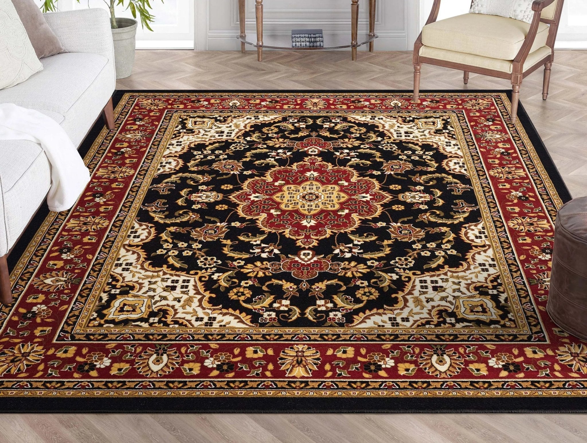 Medallion Kashan Black Traditional Rug Well Woven