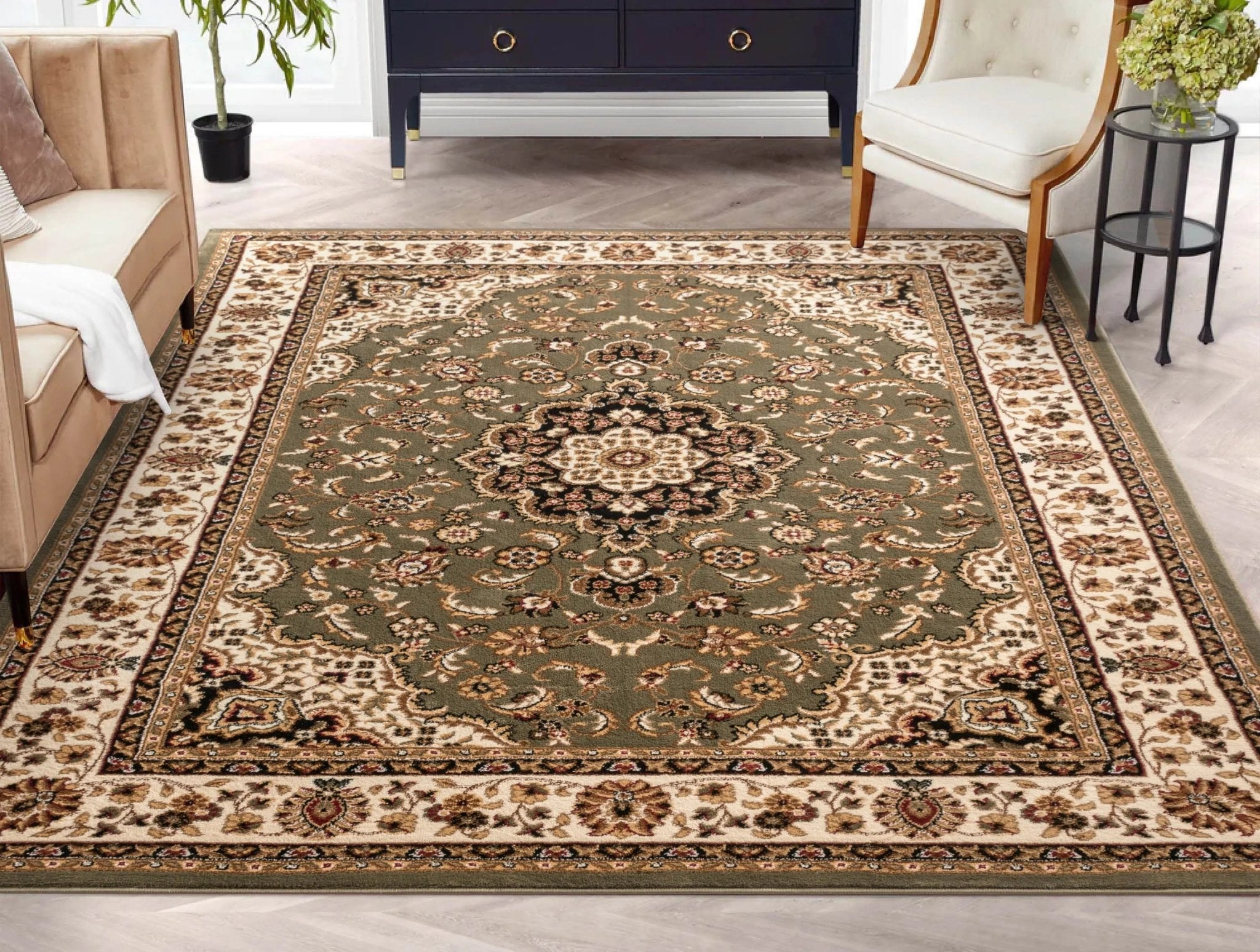 Medallion Kashan Green Traditional Rug Well Woven