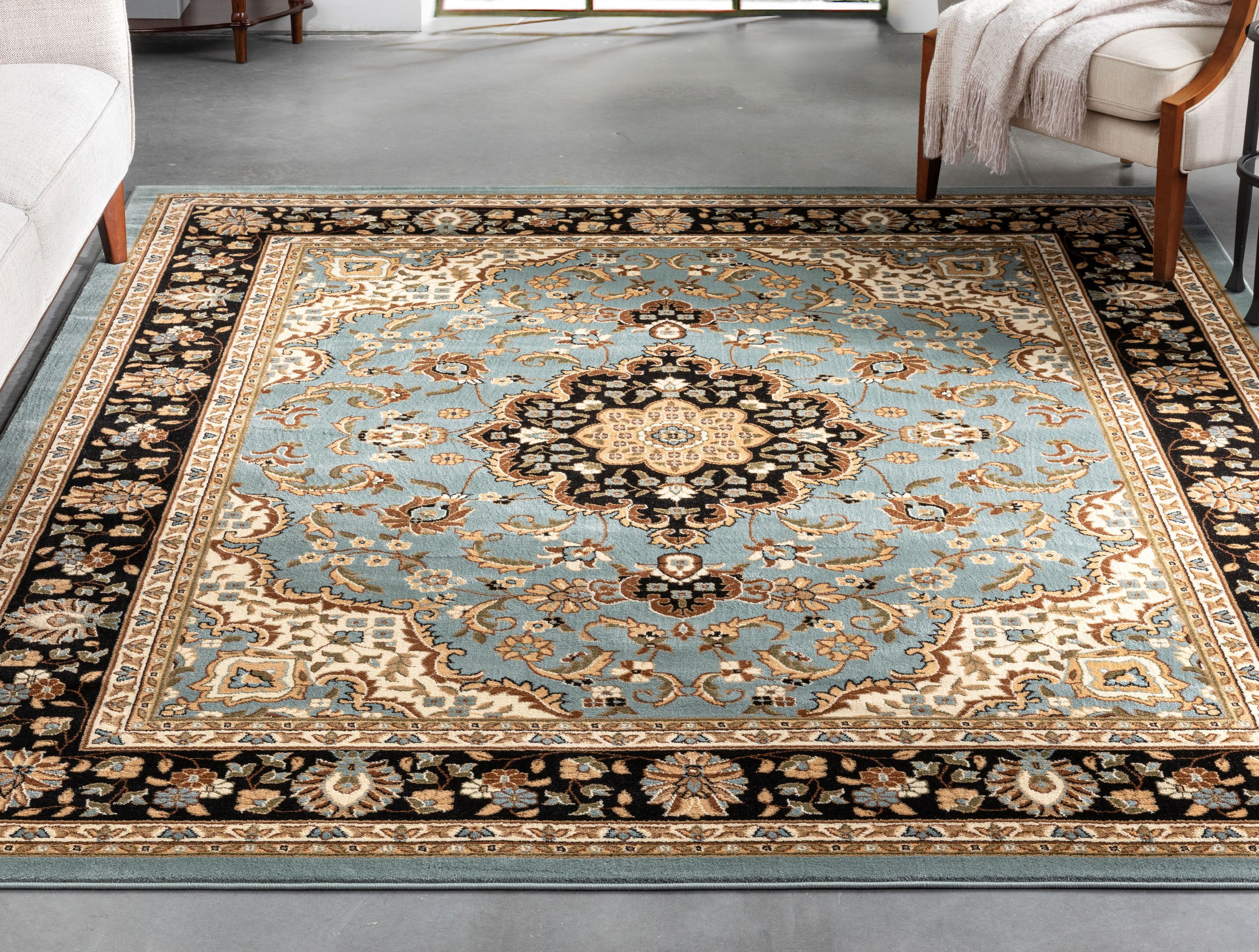 Medallion Kashan Light Blue Traditional Rug