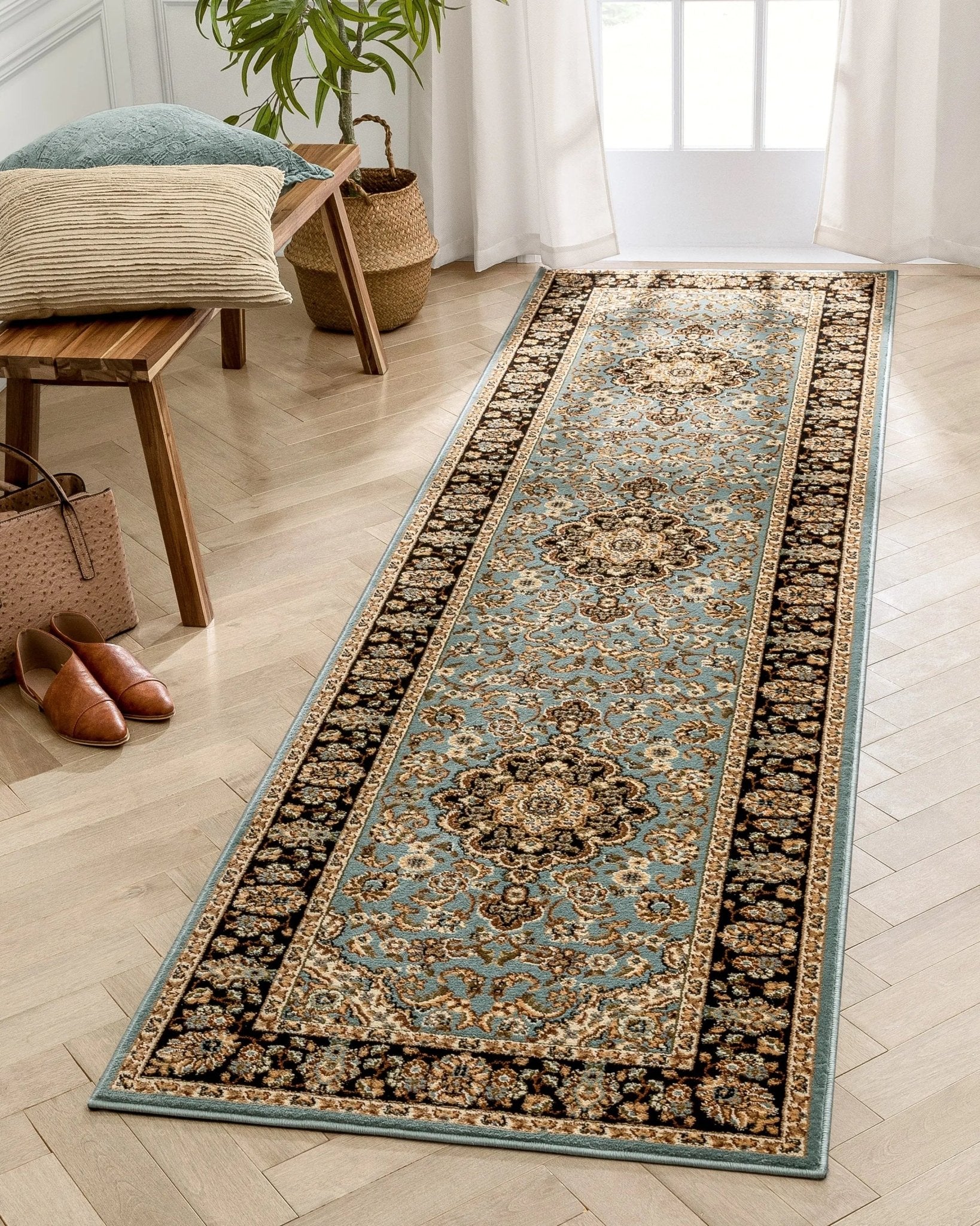 Medallion Kashan Light Blue Traditional Rug Well Woven