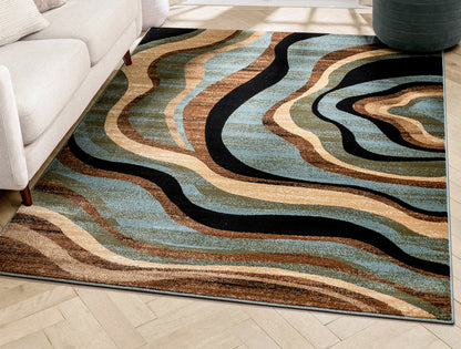 Nirvana Waves Multi Blue Modern Rug