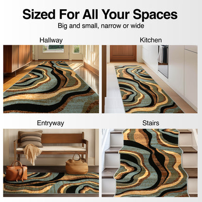 Nirvana Waves Custom Size Runner Modern Multi Blue 27 Inch Wide x Choose Your Length Hallway Runner Rug