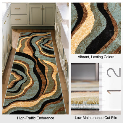 Nirvana Waves Custom Size Runner Modern Multi Blue 27 Inch Wide x Choose Your Length Hallway Runner Rug